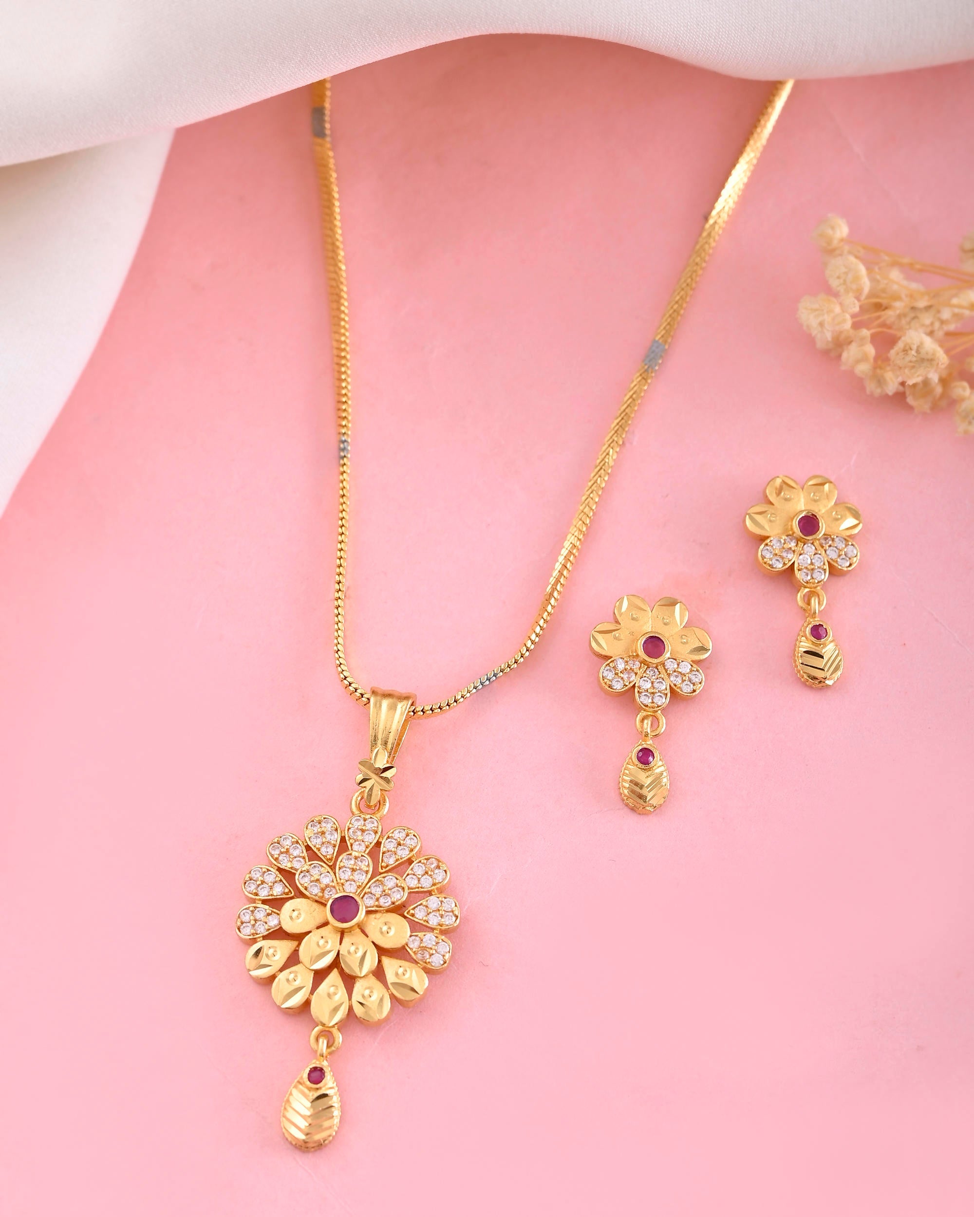 VOJ Gold-Polished Floral Shaped AD Stone Studded Chain Set