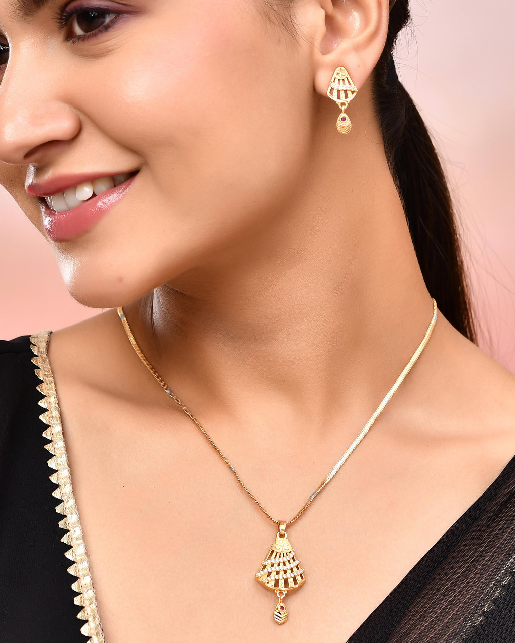 VOJ Gold-Polished Designer Shaped AD Stone Studded Chain Set