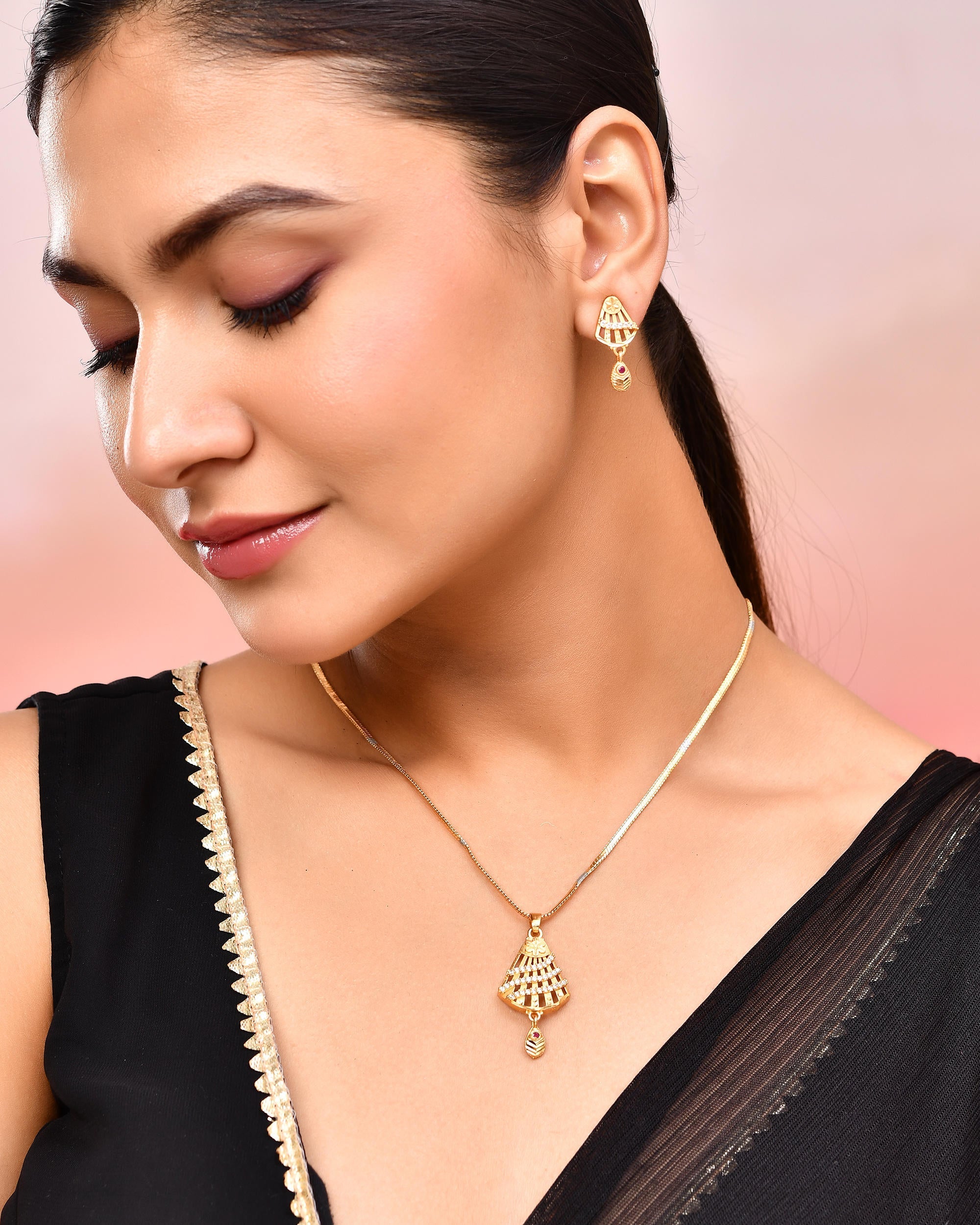 VOJ Gold-Polished Designer Shaped AD Stone Studded Chain Set