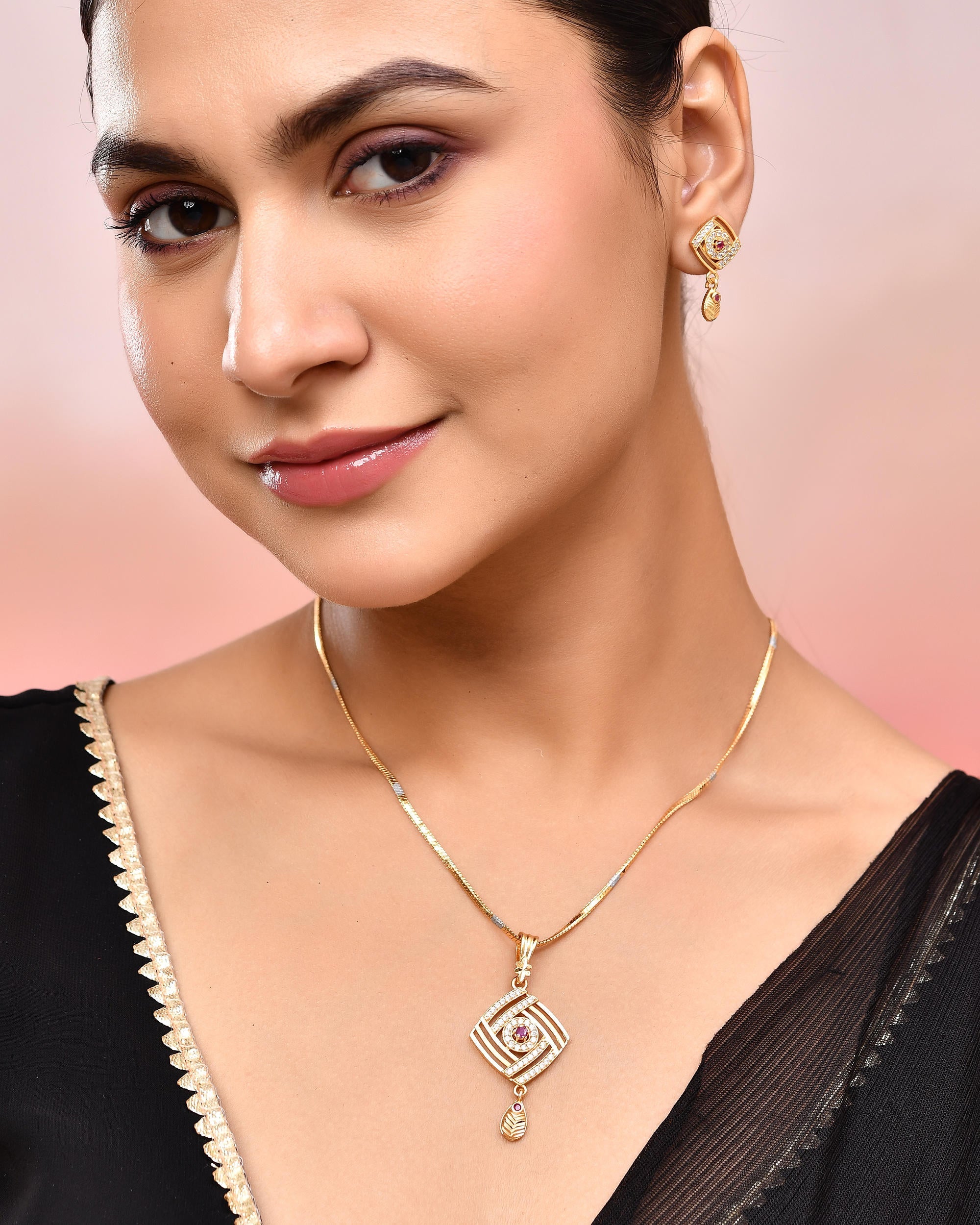 VOJ Gold-Polished Square Shaped AD Stone Studded Chain Set