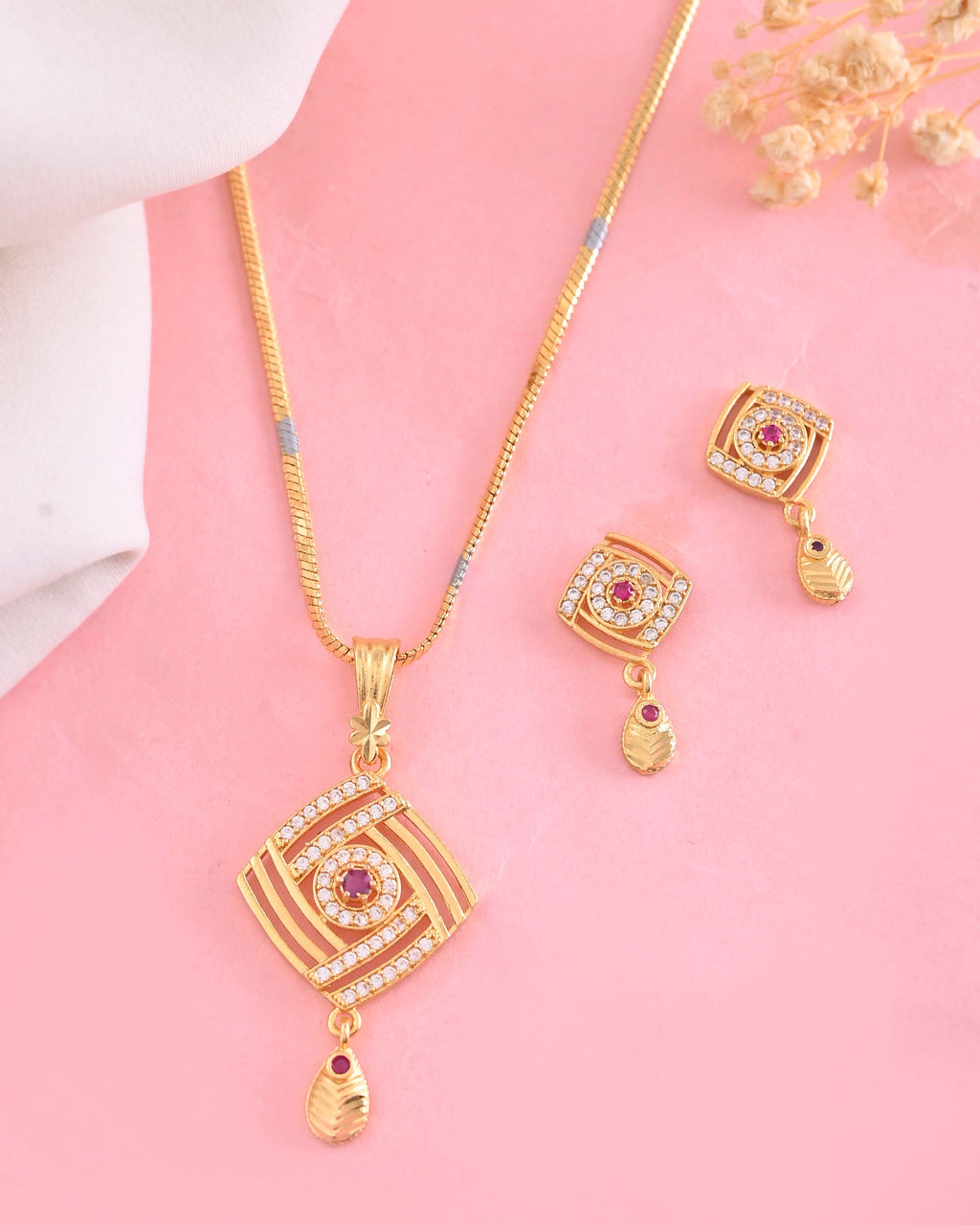 VOJ Gold-Polished Square Shaped AD Stone Studded Chain Set