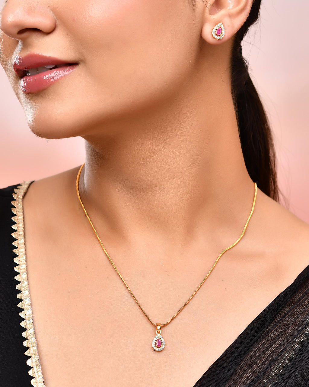 VOJ Gold-Polished Tear Drop Shaped Ruby Red Stone Studded Chain Set