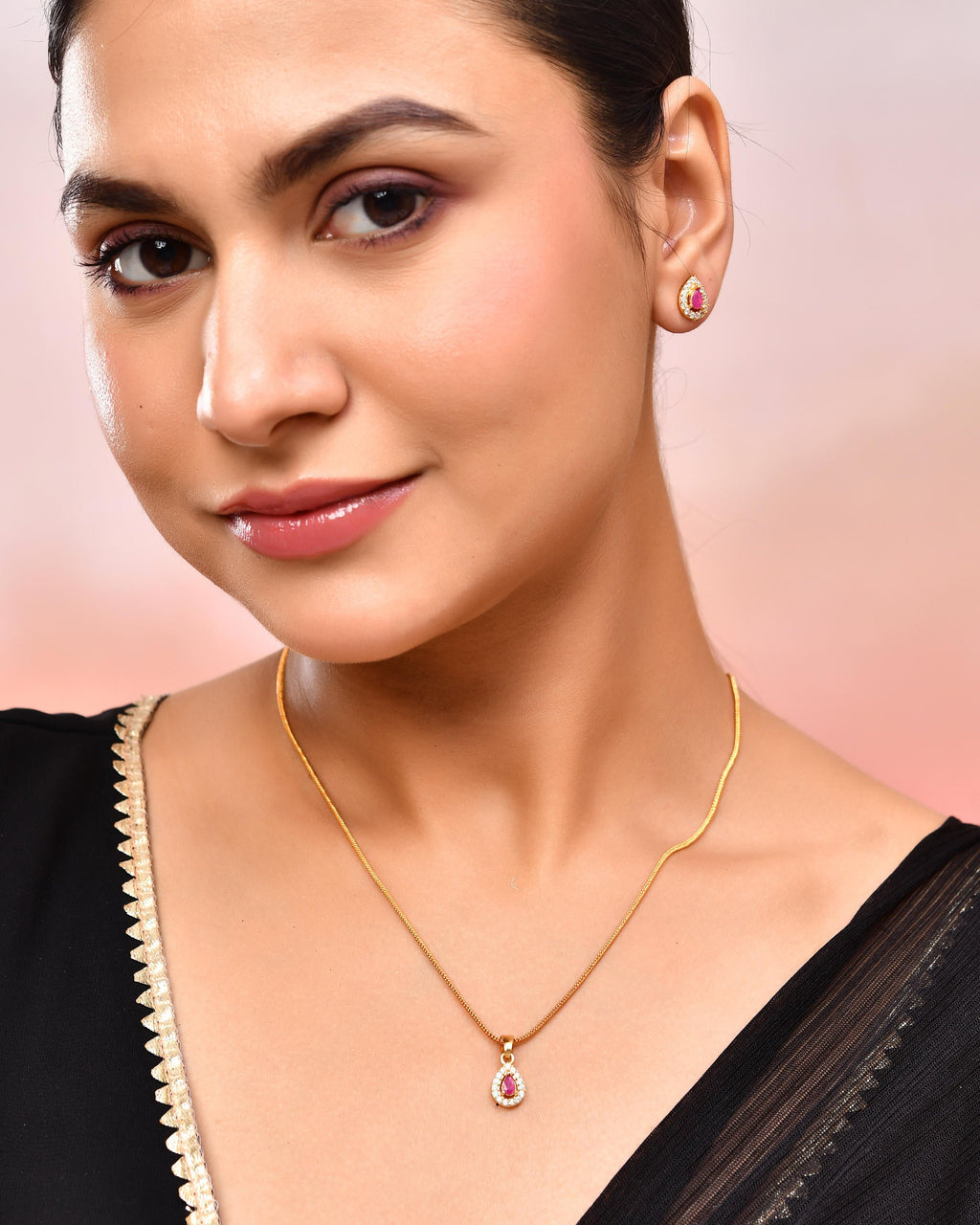 VOJ Gold-Polished Tear Drop Shaped Ruby Red Stone Studded Chain Set
