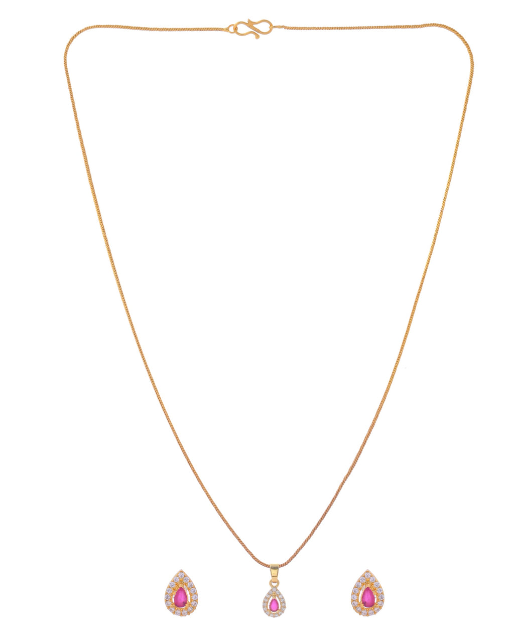 VOJ Gold-Polished Tear Drop Shaped Ruby Red Stone Studded Chain Set