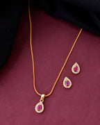 VOJ Gold-Polished Tear Drop Shaped Ruby Red Stone Studded Chain Set