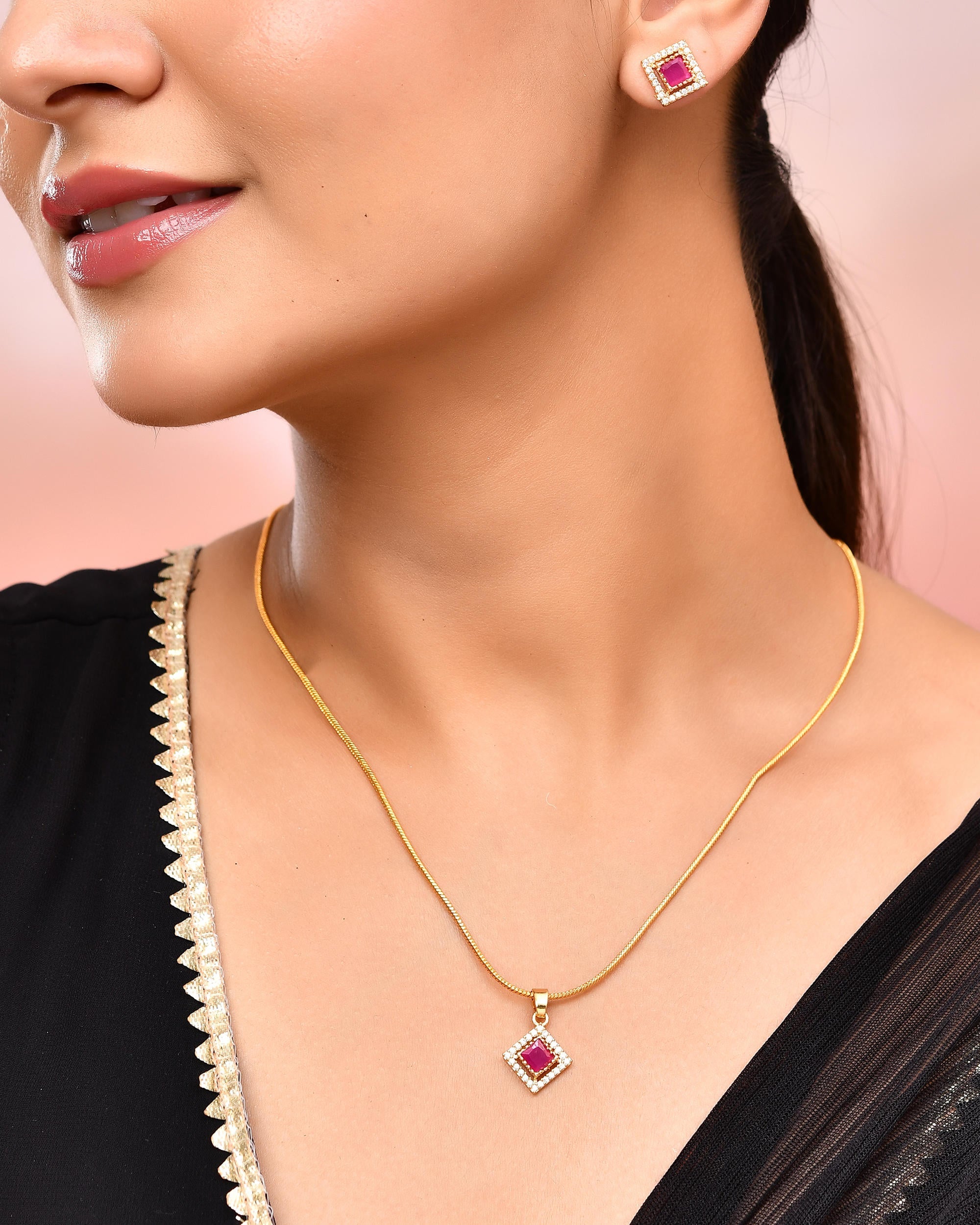 VOJ Gold-Polished Square Shaped Ruby Red Stone Studded Chain Set