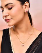 VOJ Gold-Polished Square Shaped Ruby Red Stone Studded Chain Set