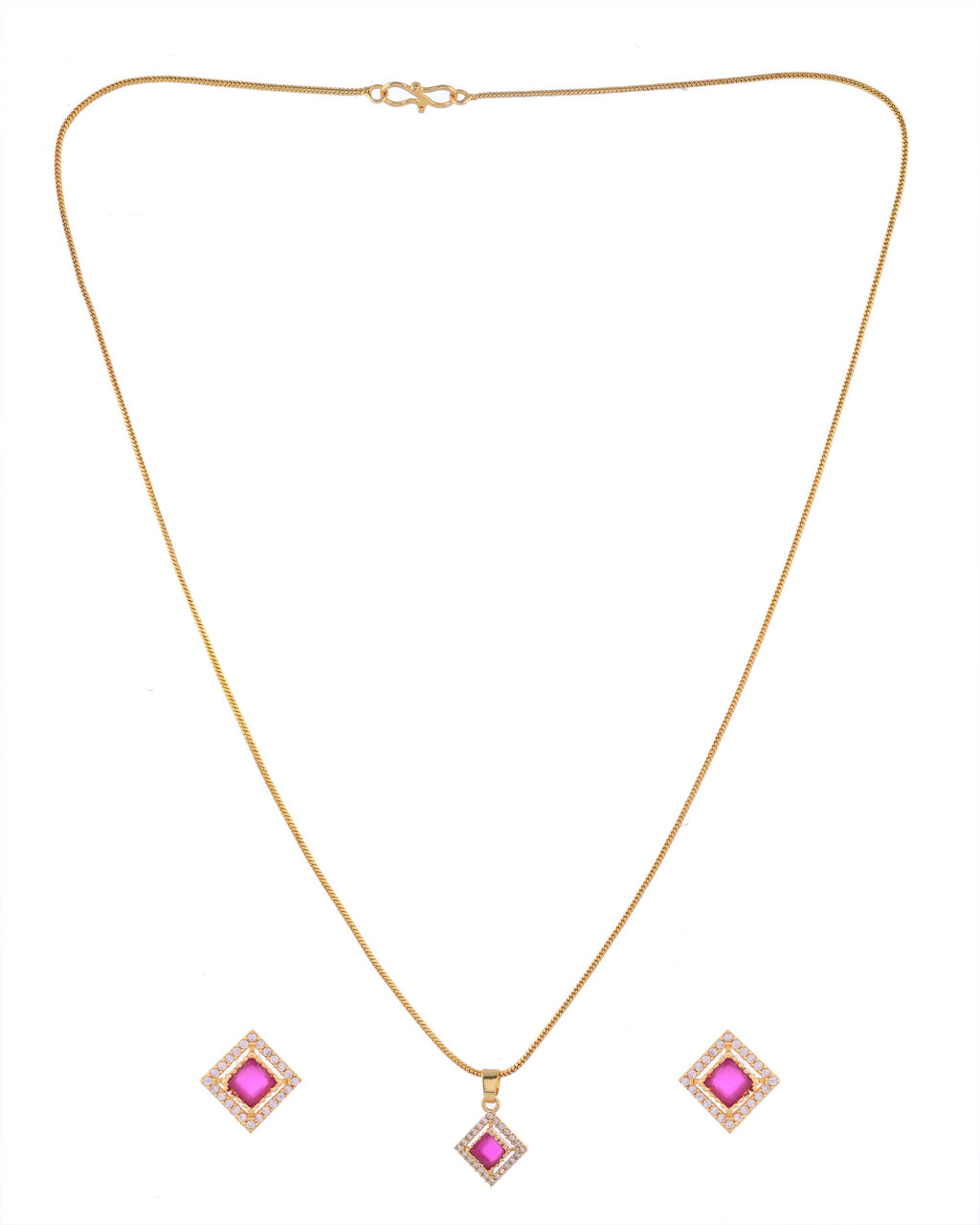 VOJ Gold-Polished Square Shaped Ruby Red Stone Studded Chain Set