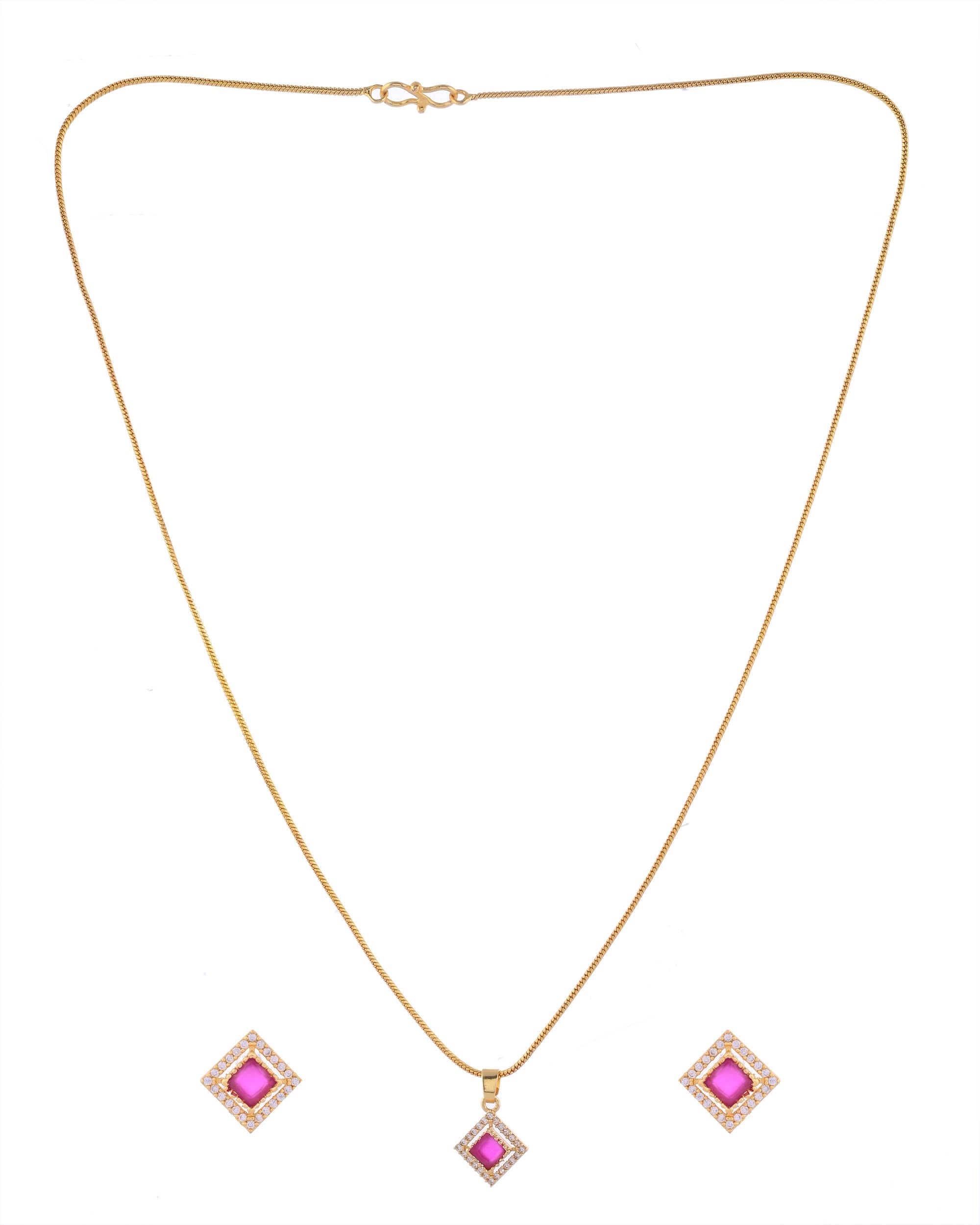 VOJ Gold-Polished Square Shaped Ruby Red Stone Studded Chain Set