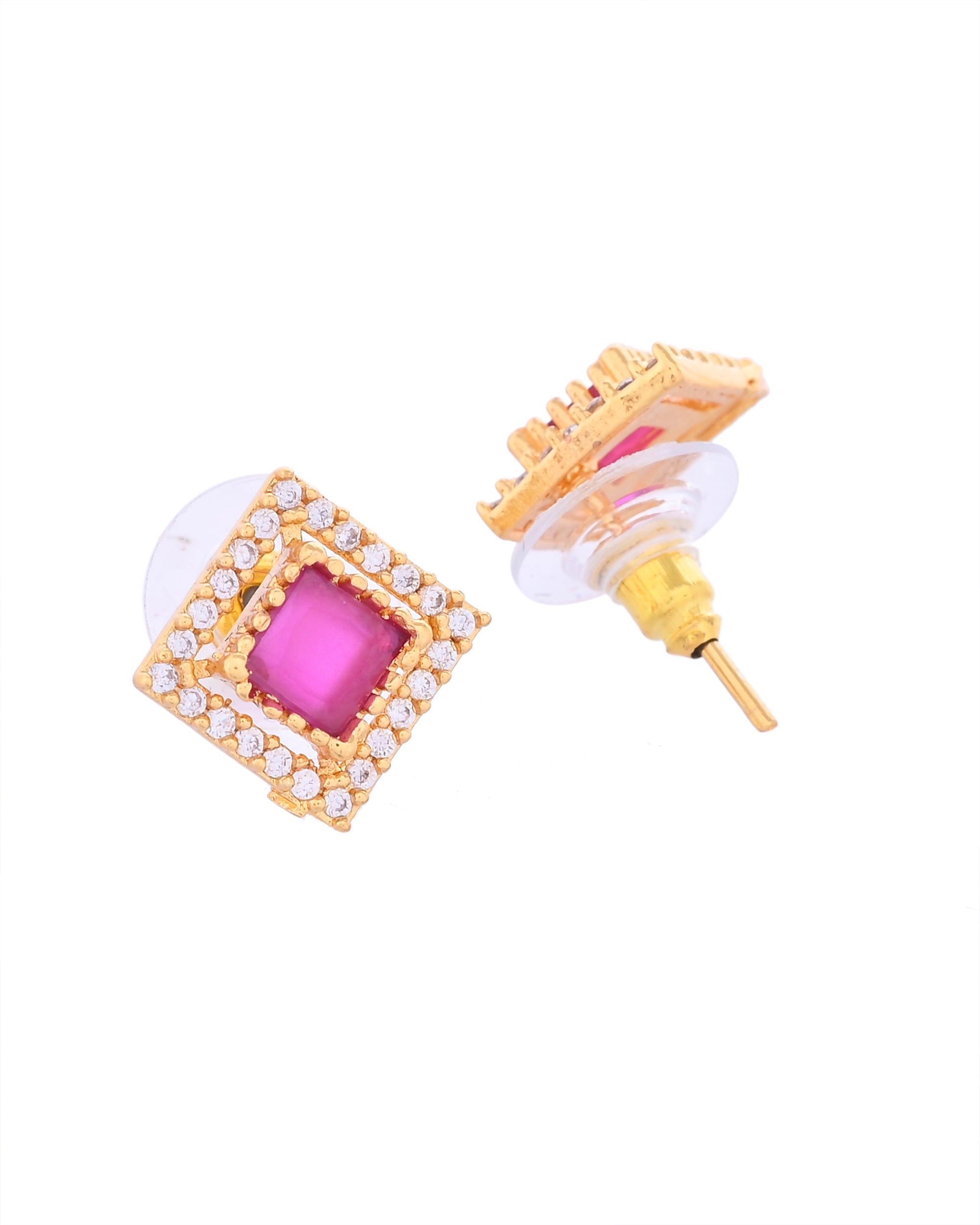 VOJ Gold-Polished Square Shaped Ruby Red Stone Studded Chain Set