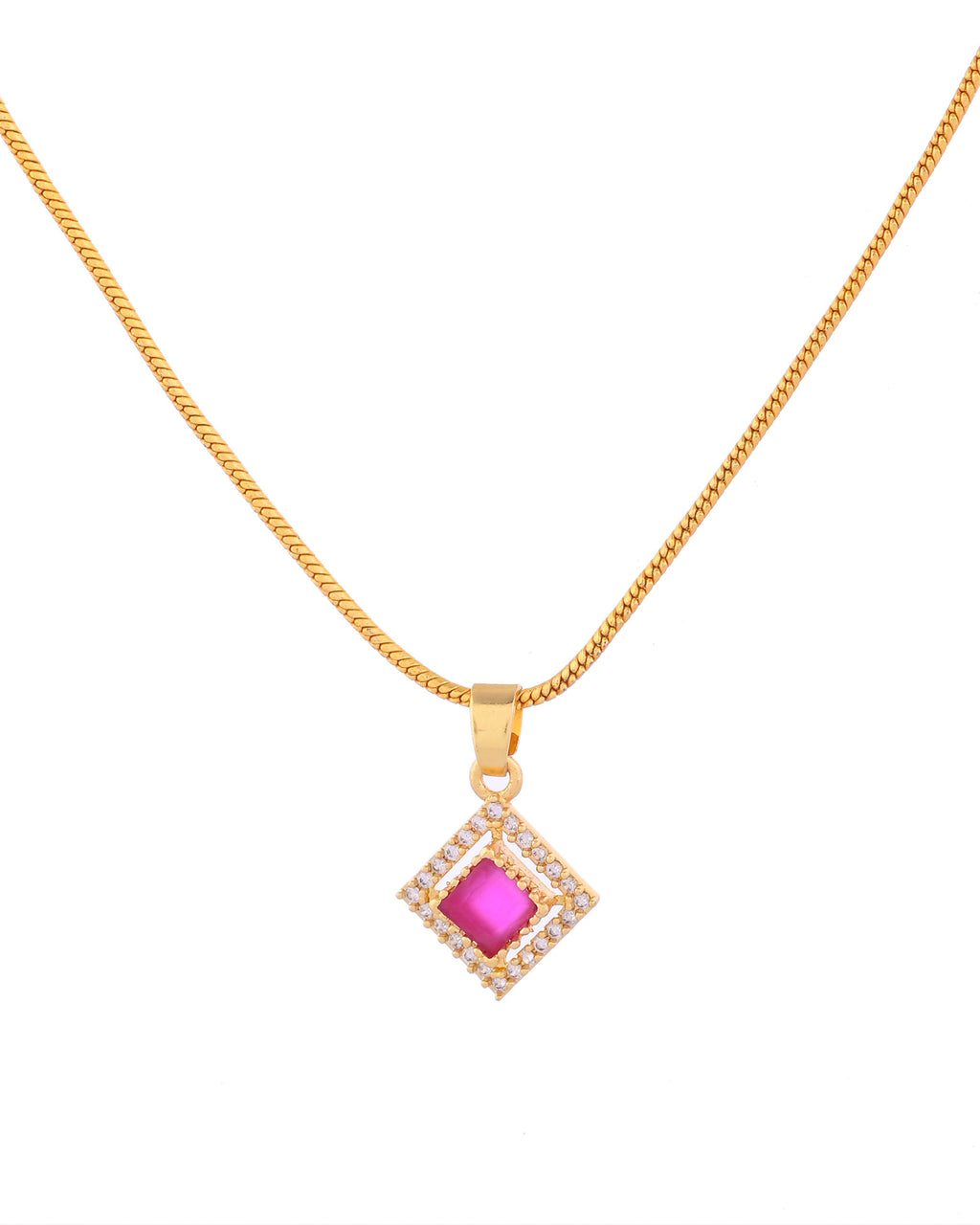 VOJ Gold-Polished Square Shaped Ruby Red Stone Studded Chain Set