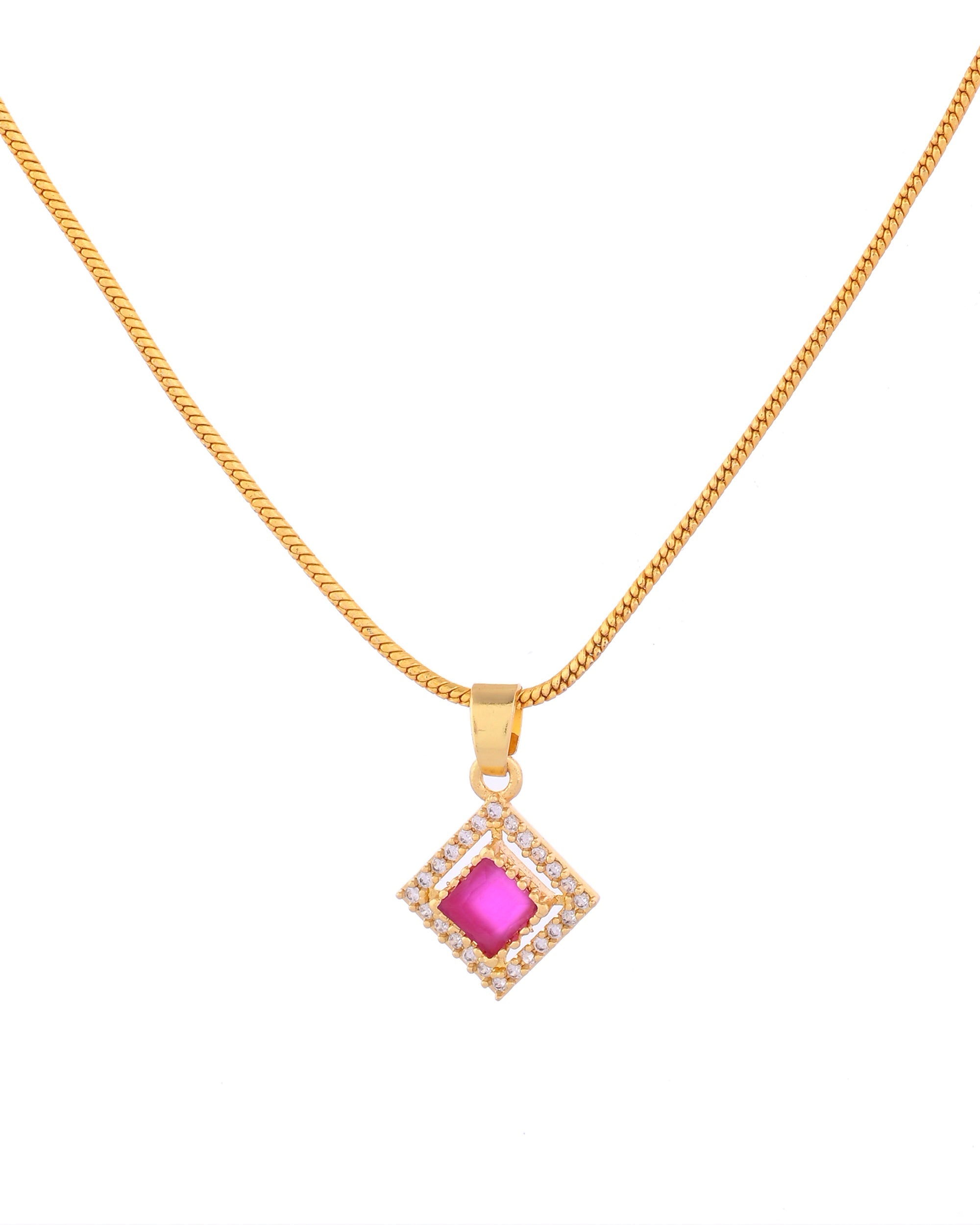 VOJ Gold-Polished Square Shaped Ruby Red Stone Studded Chain Set