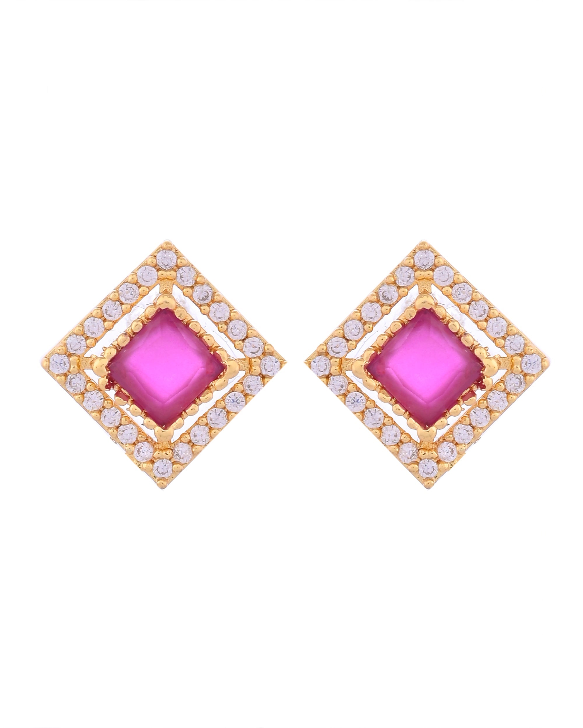 VOJ Gold-Polished Square Shaped Ruby Red Stone Studded Chain Set