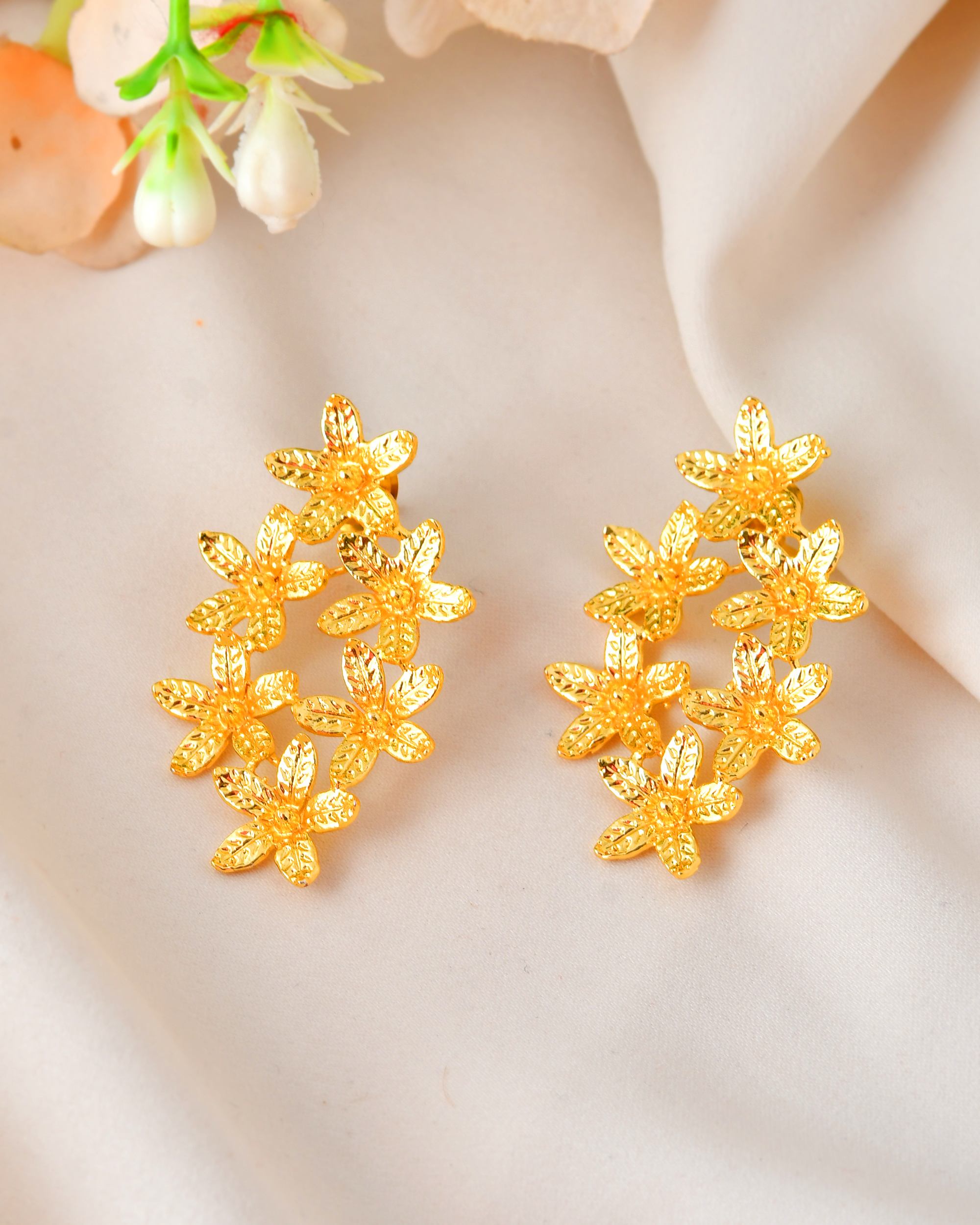 VOJ Gold Polished Floral Designer Earrings - Distacart