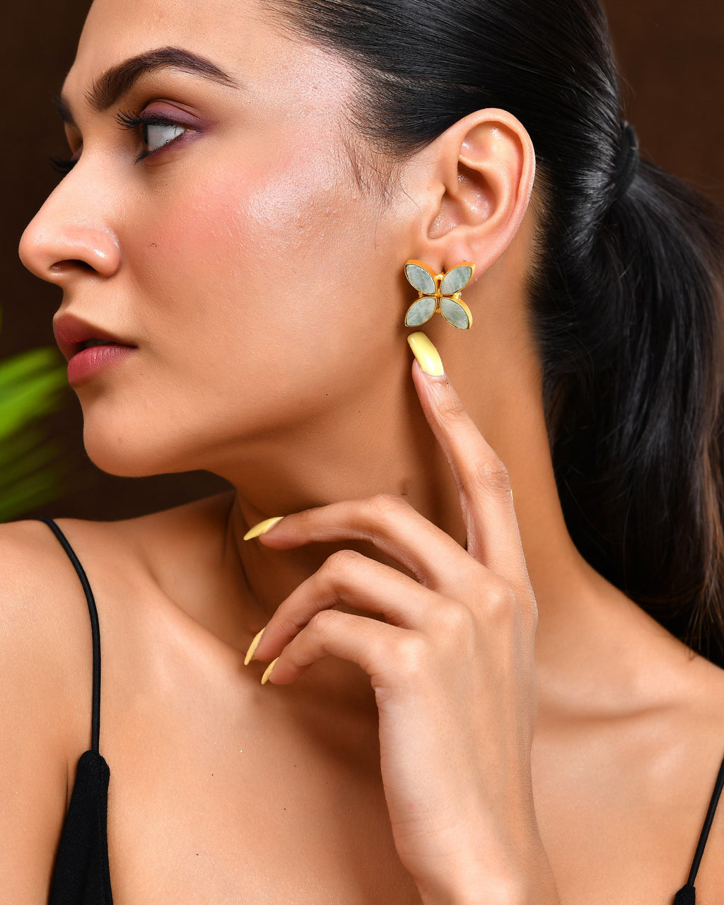VOJ Gold Polished Teal Stone Studded Floral Stud Earrings - Distacart