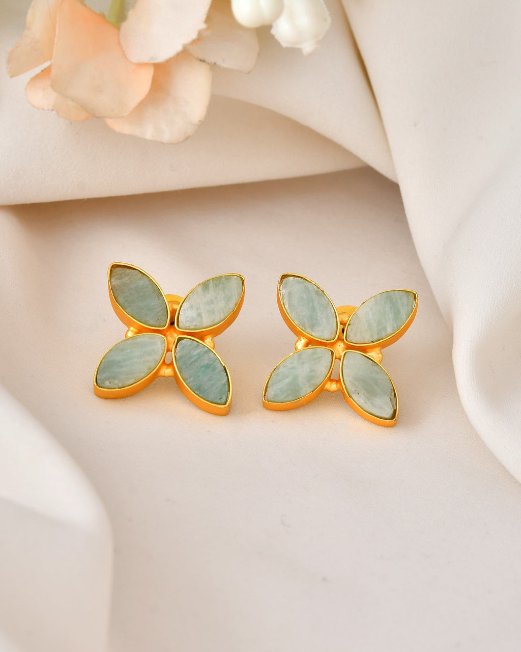 VOJ Gold Polished Teal Stone Studded Floral Stud Earrings - Distacart