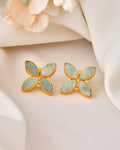 VOJ Gold Polished Teal Stone Studded Floral Stud Earrings - Distacart