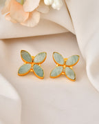 VOJ Gold Polished Teal Stone Studded Floral Stud Earrings - Distacart