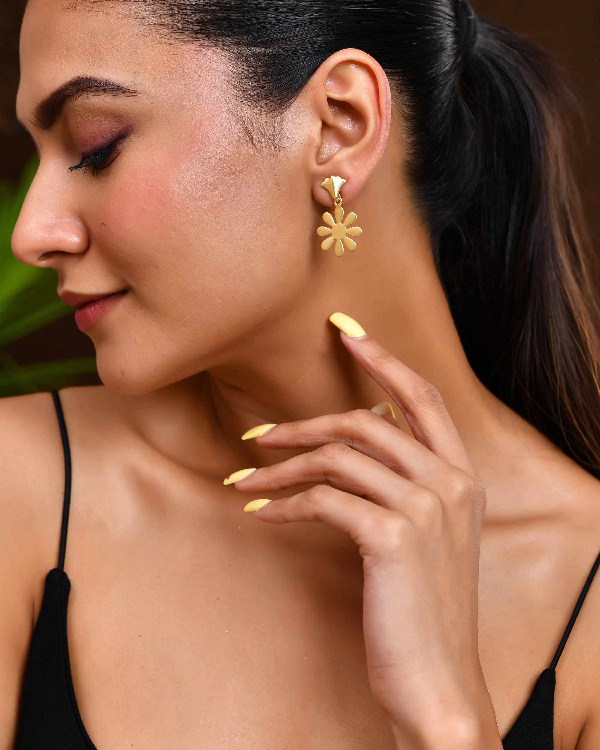 VOJ Gold Polished Anti Tarnish Flower Shaped Drop Earrings - Distacart