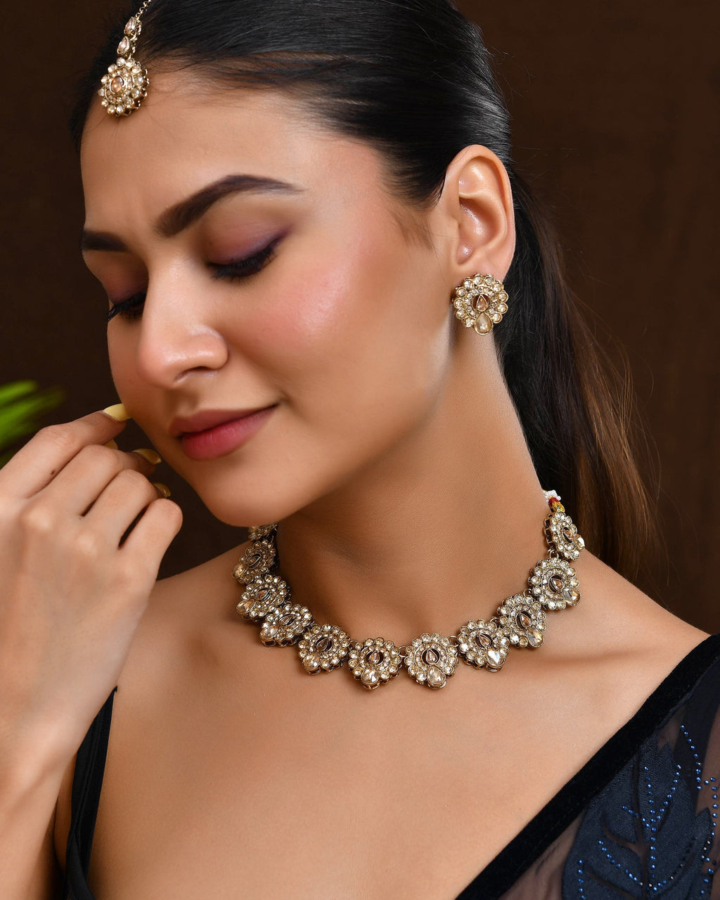 VOJ Copper Plated Stone Studded Circular Shaped Jewellery Set With Maang Tikka - Distacart