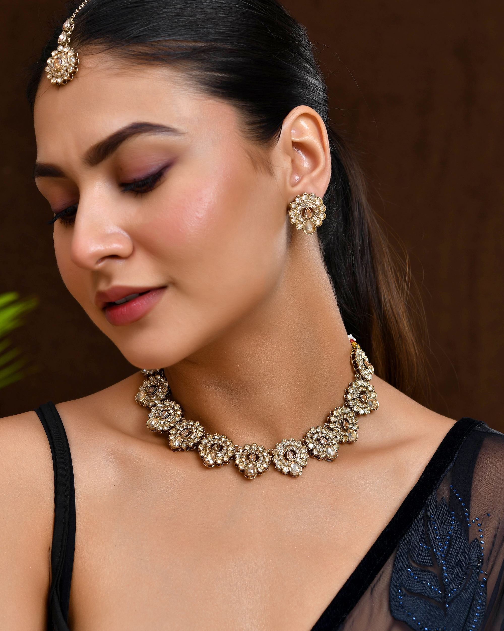 VOJ Copper Plated Stone Studded Circular Shaped Jewellery Set With Maang Tikka - Distacart