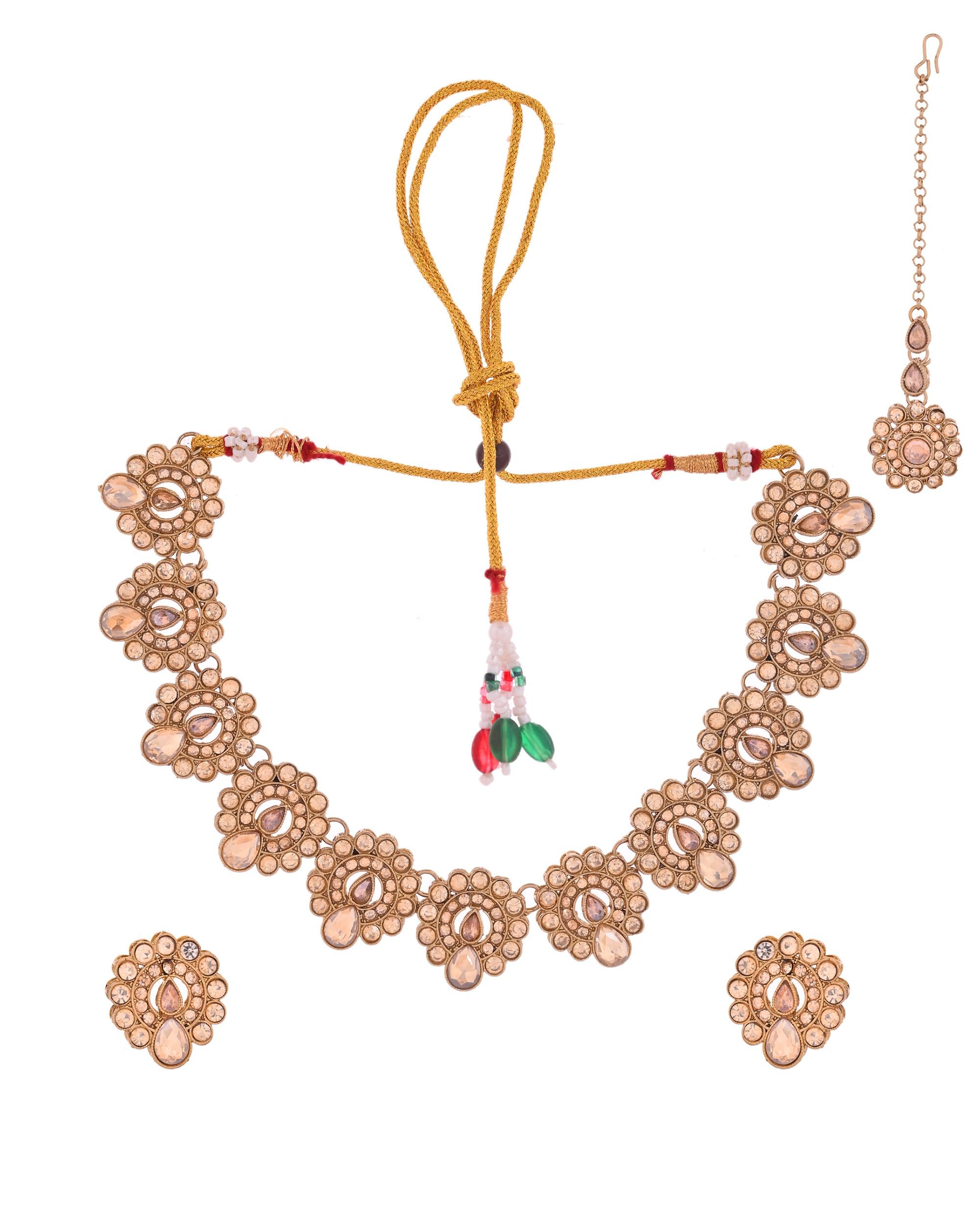 VOJ Copper Plated Stone Studded Circular Shaped Jewellery Set With Maang Tikka - Distacart