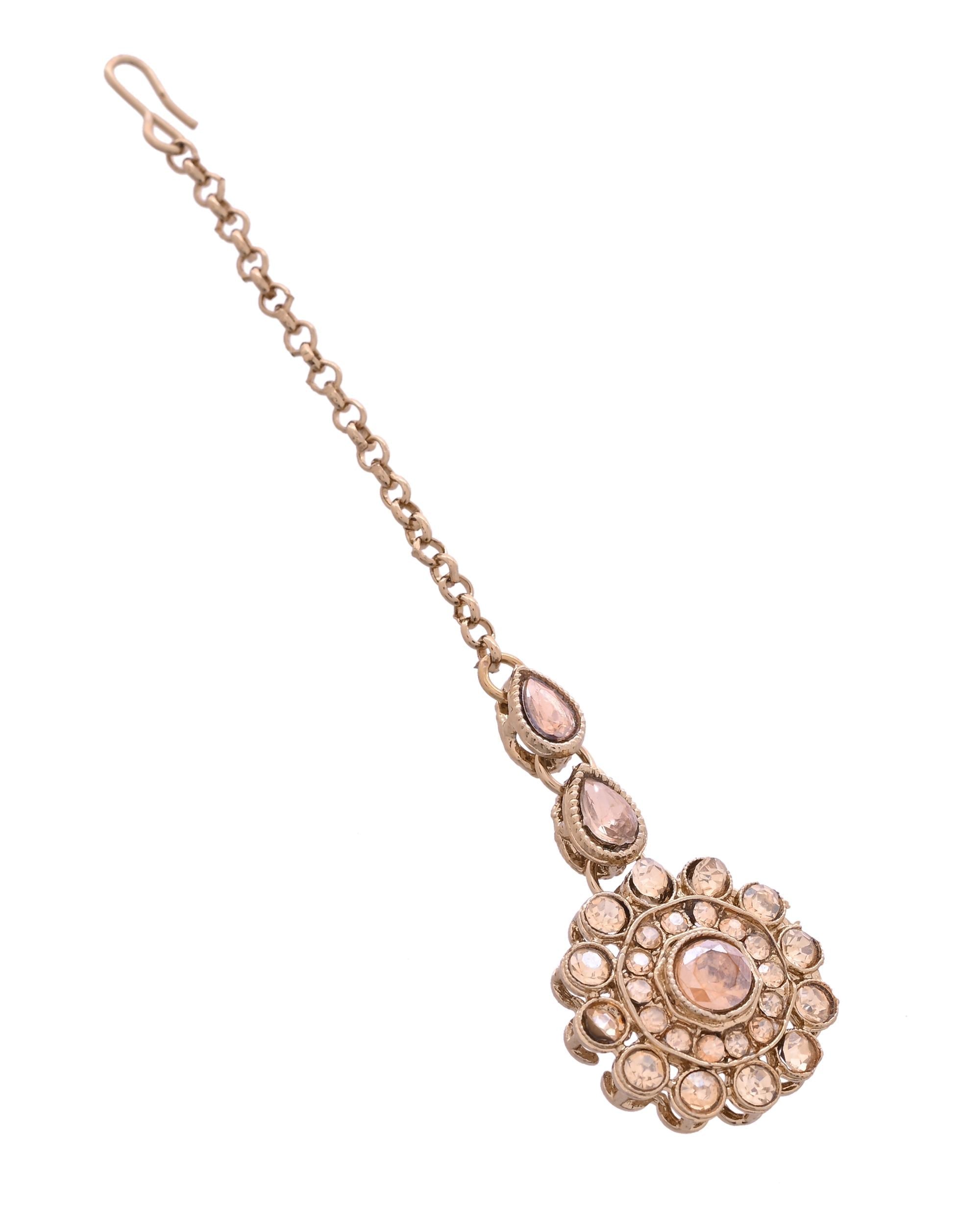 VOJ Copper Plated Stone Studded Circular Shaped Jewellery Set With Maang Tikka - Distacart
