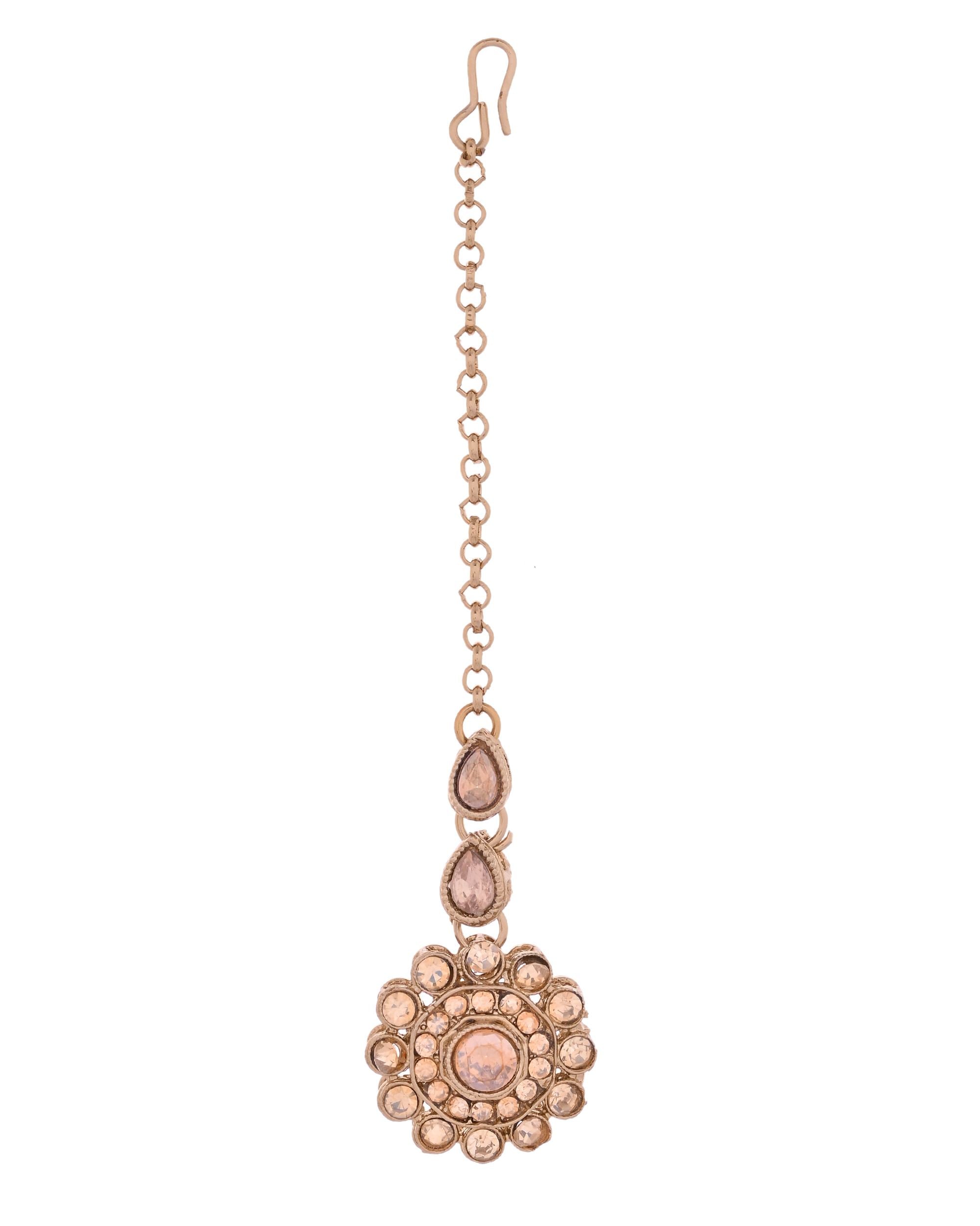 VOJ Copper Plated Stone Studded Circular Shaped Jewellery Set With Maang Tikka - Distacart