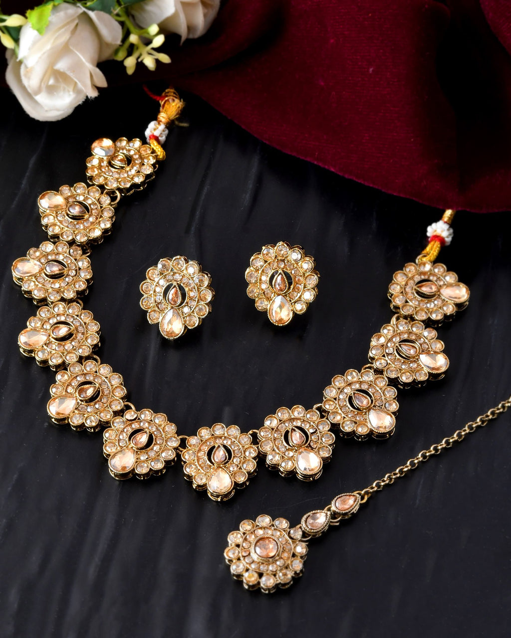 VOJ Copper Plated Stone Studded Circular Shaped Jewellery Set With Maang Tikka - Distacart