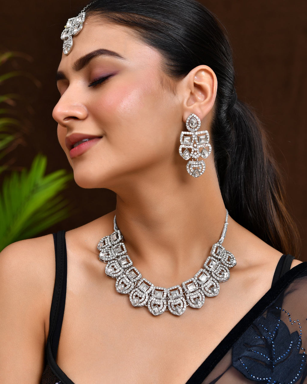 VOJ Silver - Plated American Diamond Studded Jewellery Set