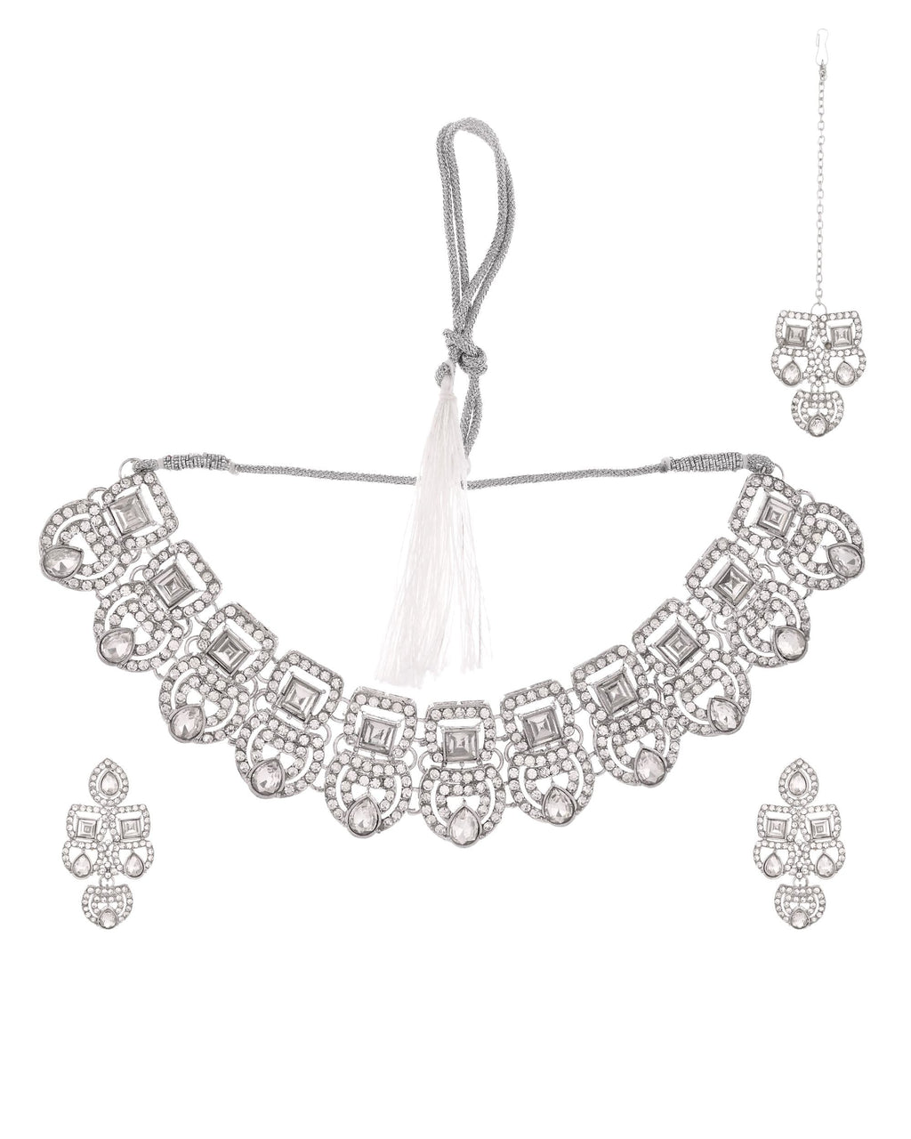 VOJ Silver - Plated American Diamond Studded Jewellery Set