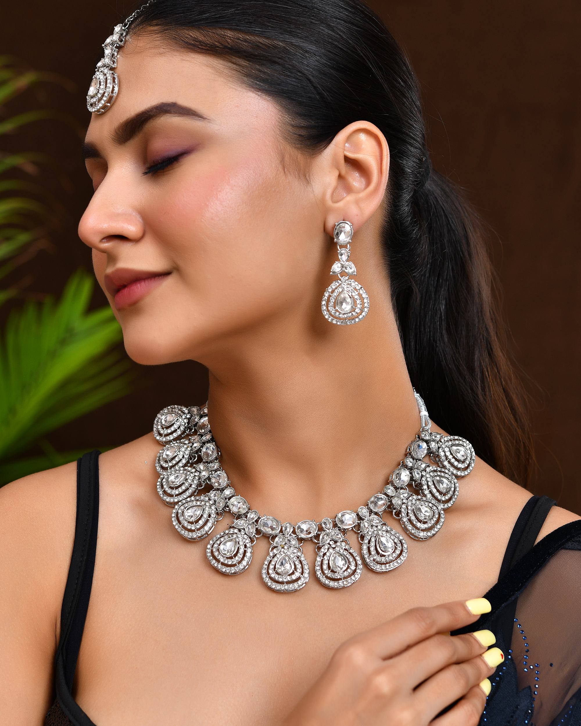 VOJ Silver-Plated CZ Studded Jewellery Set With Maang Tikka - Distacart