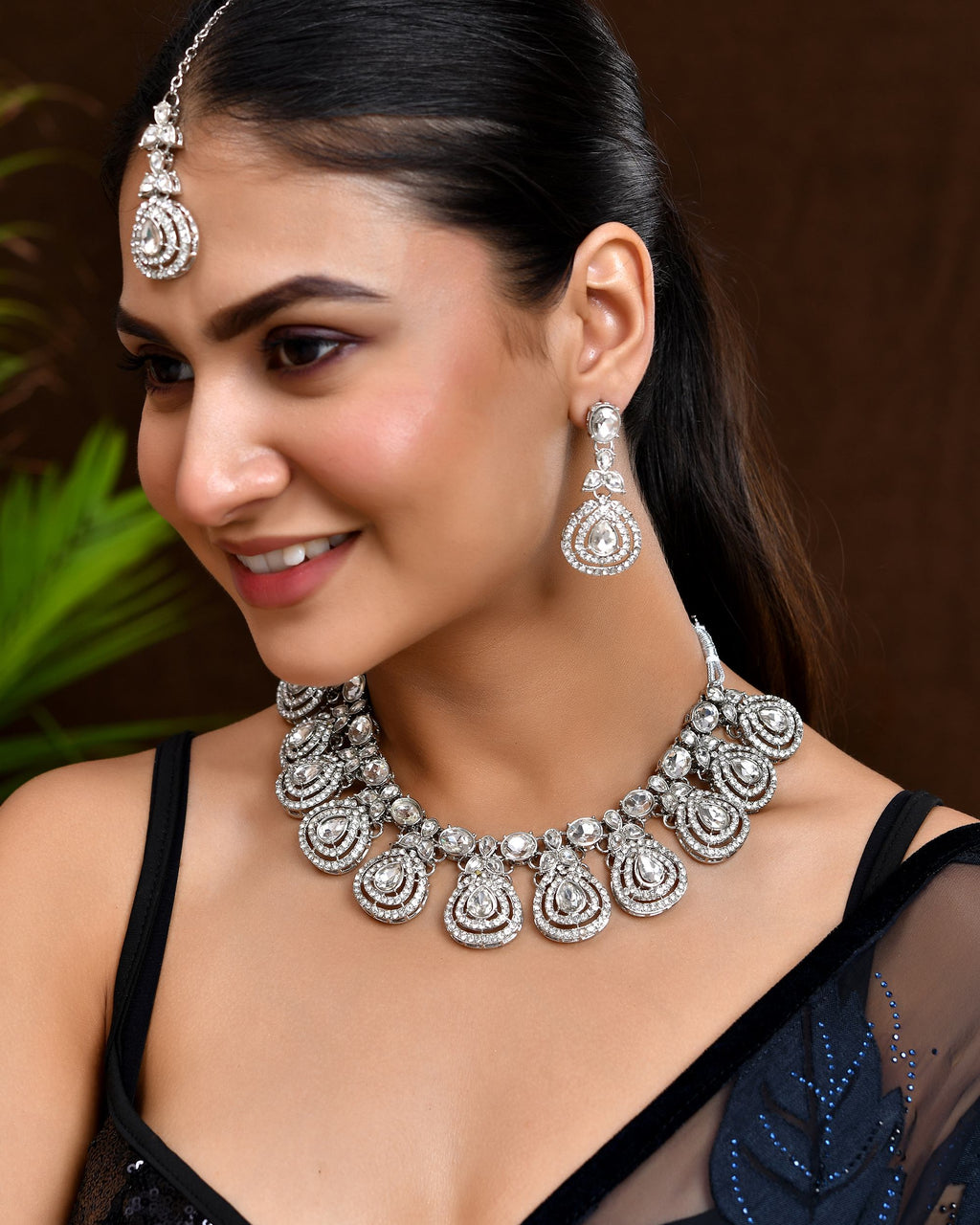 VOJ Silver-Plated CZ Studded Jewellery Set With Maang Tikka - Distacart