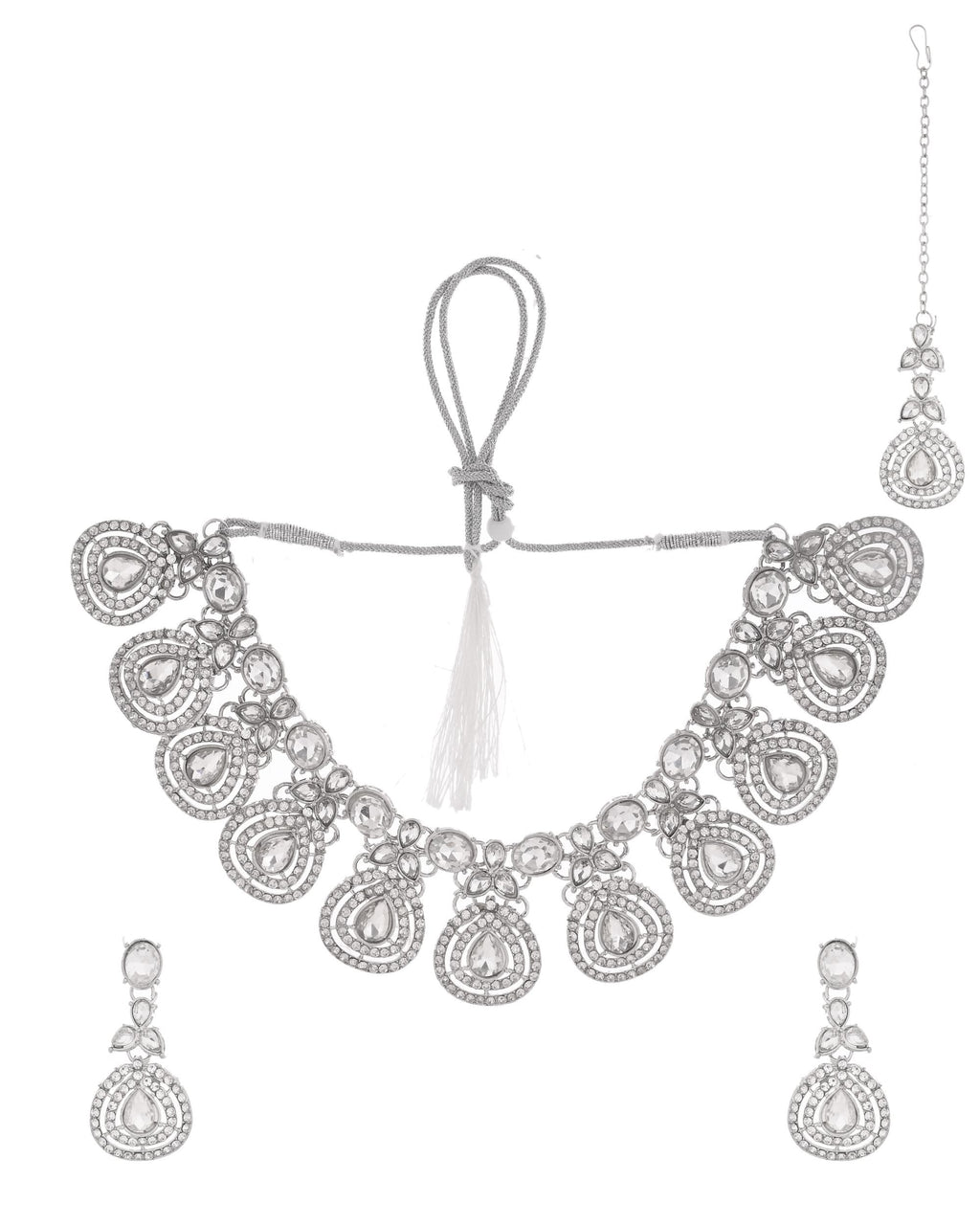 VOJ Silver-Plated CZ Studded Jewellery Set With Maang Tikka - Distacart