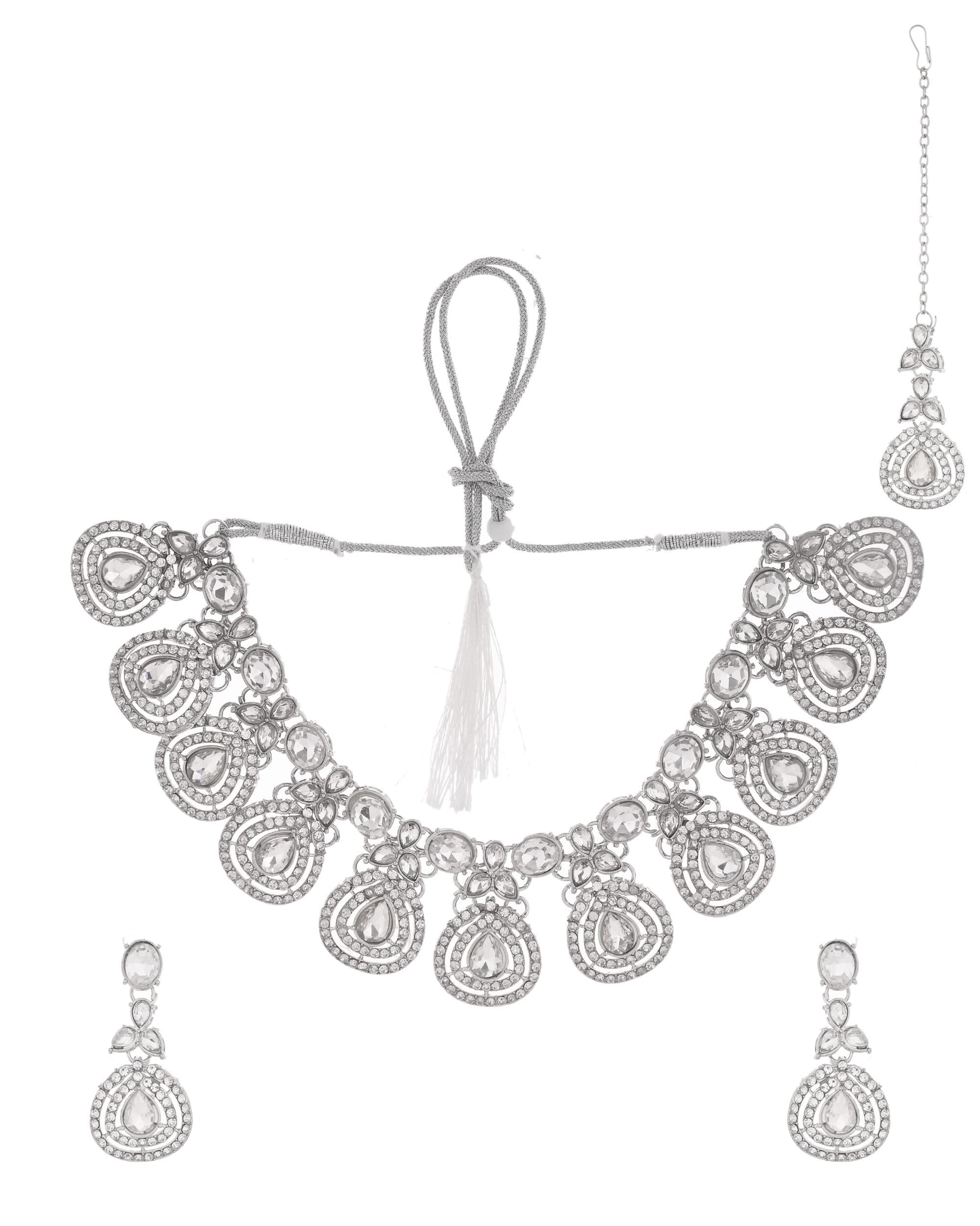 VOJ Silver-Plated CZ Studded Jewellery Set With Maang Tikka - Distacart