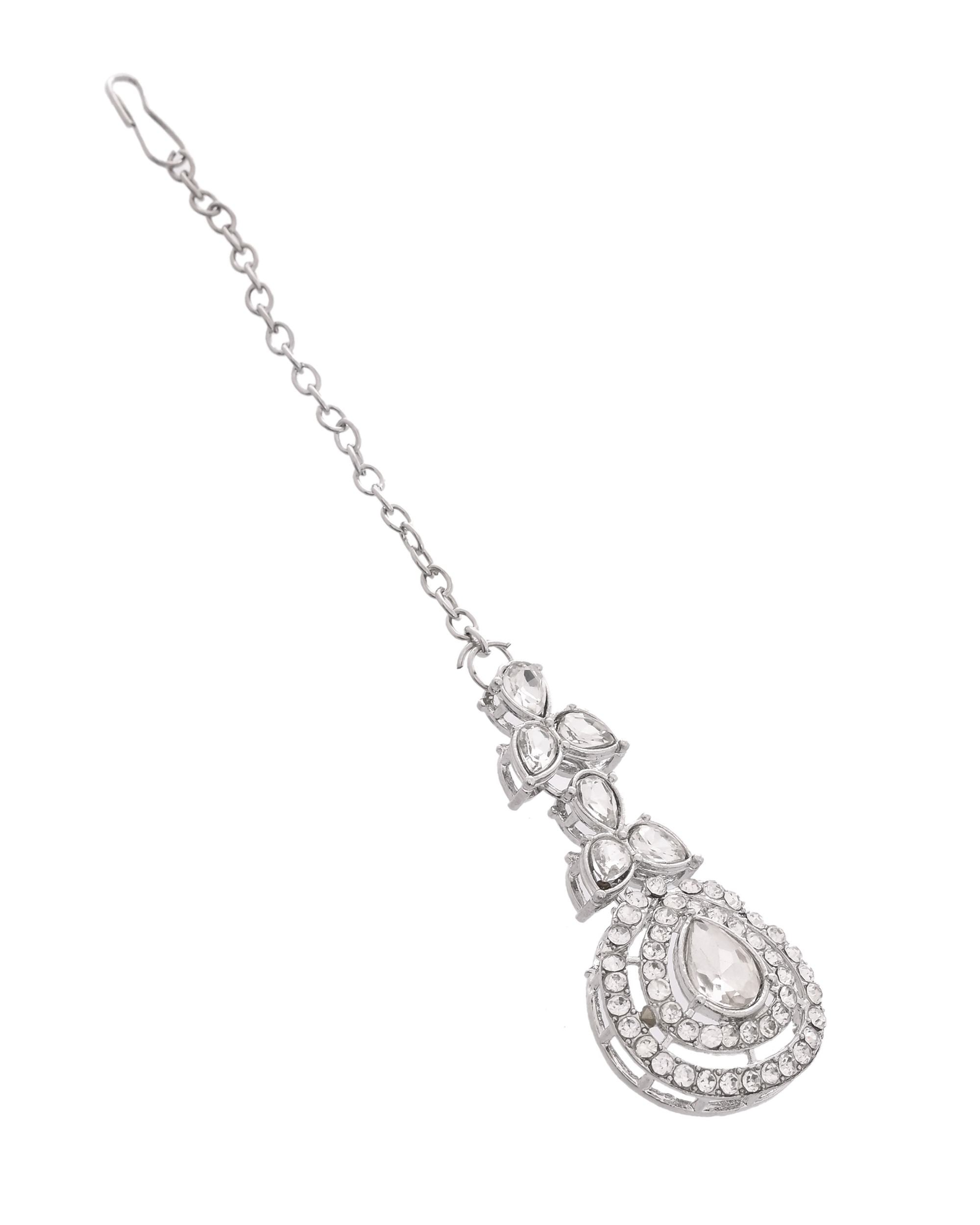VOJ Silver-Plated CZ Studded Jewellery Set With Maang Tikka - Distacart