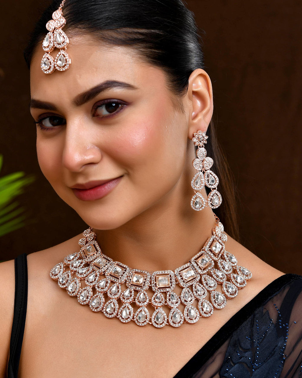 VOJ Rose Gold-Polished CZ Studded Jewellery Set With Maang Tikka - Distacart