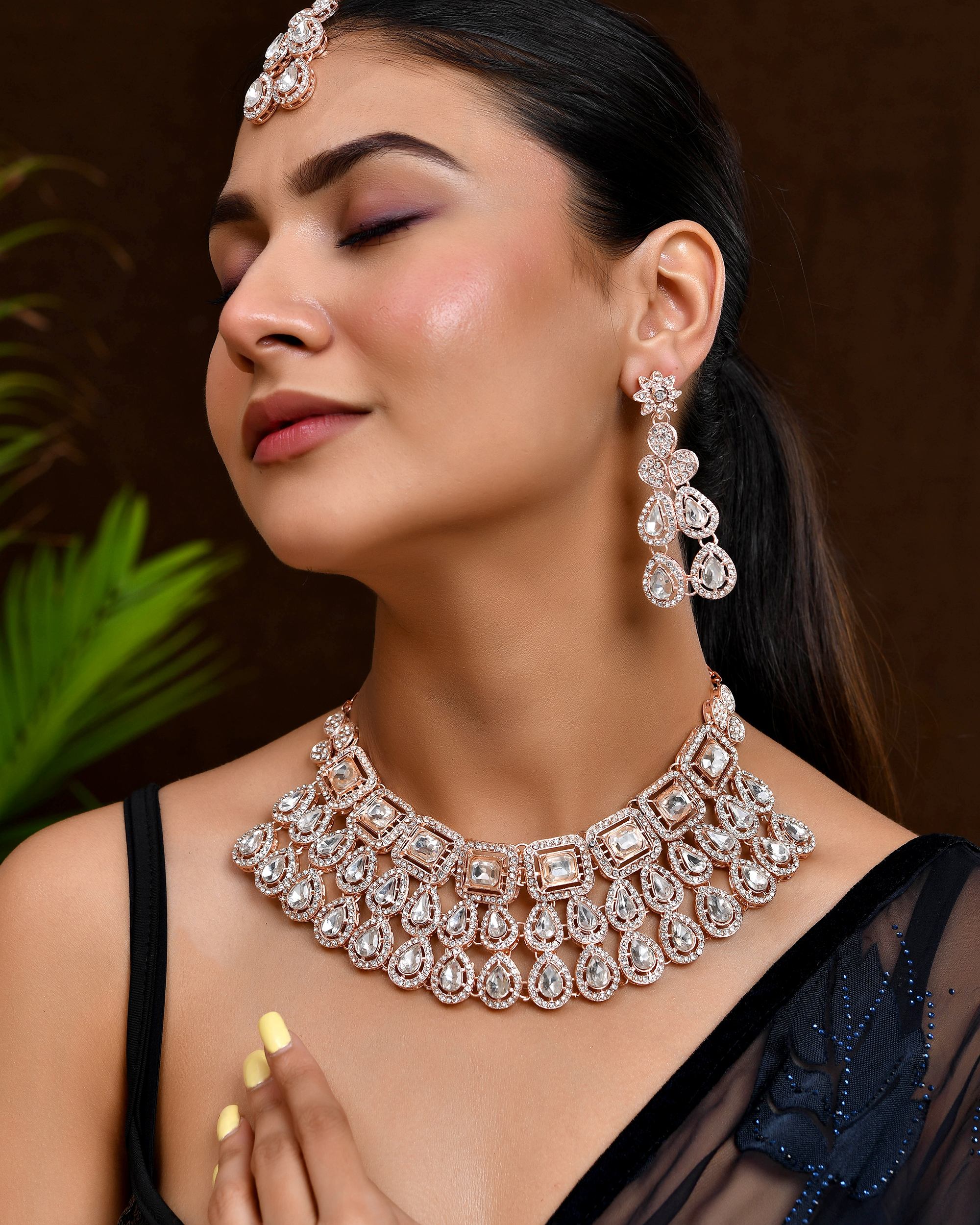 VOJ Rose Gold-Polished CZ Studded Jewellery Set With Maang Tikka - Distacart