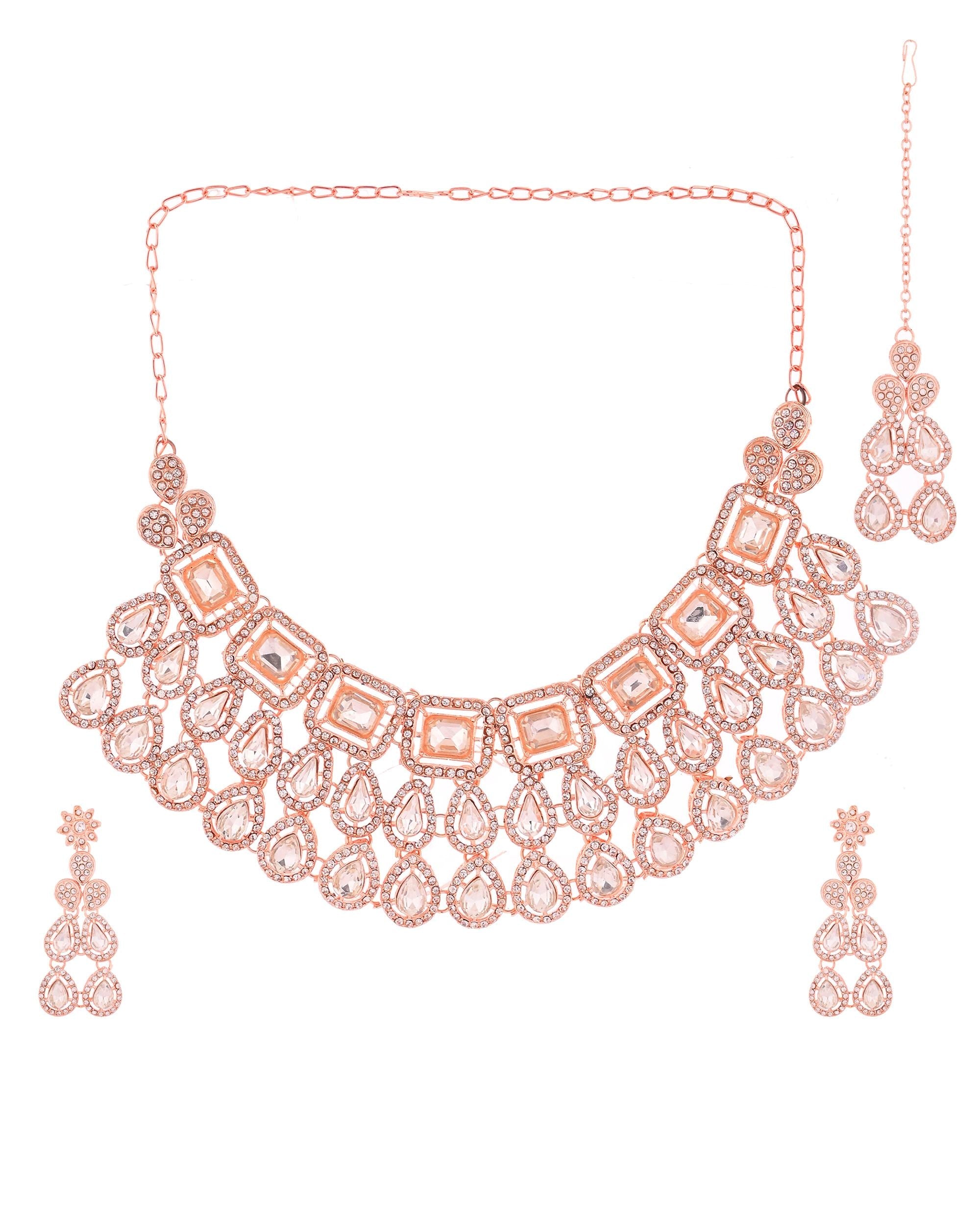 VOJ Rose Gold-Polished CZ Studded Jewellery Set With Maang Tikka - Distacart