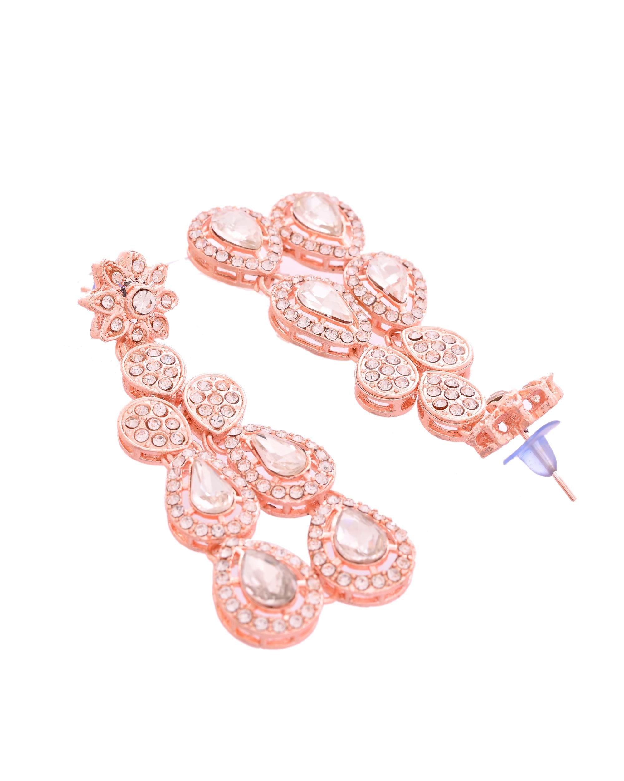 VOJ Rose Gold-Polished CZ Studded Jewellery Set With Maang Tikka - Distacart