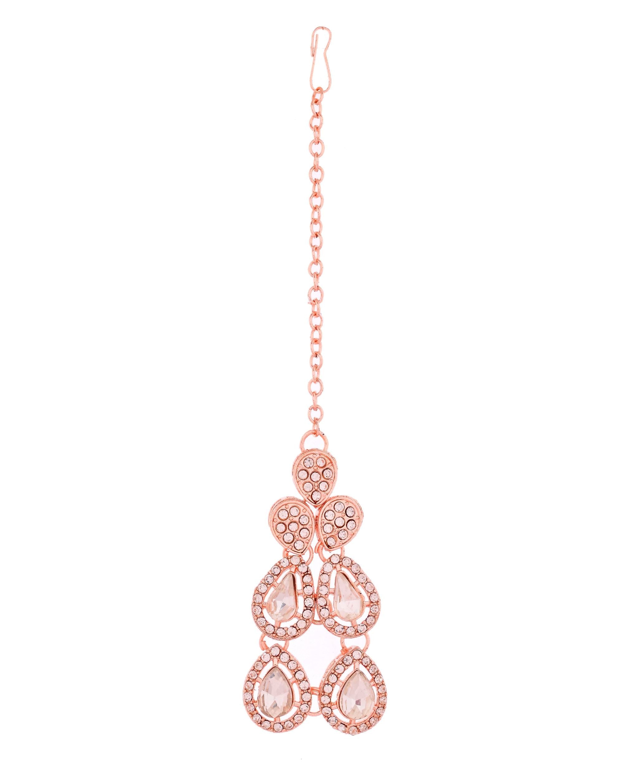 VOJ Rose Gold-Polished CZ Studded Jewellery Set With Maang Tikka - Distacart
