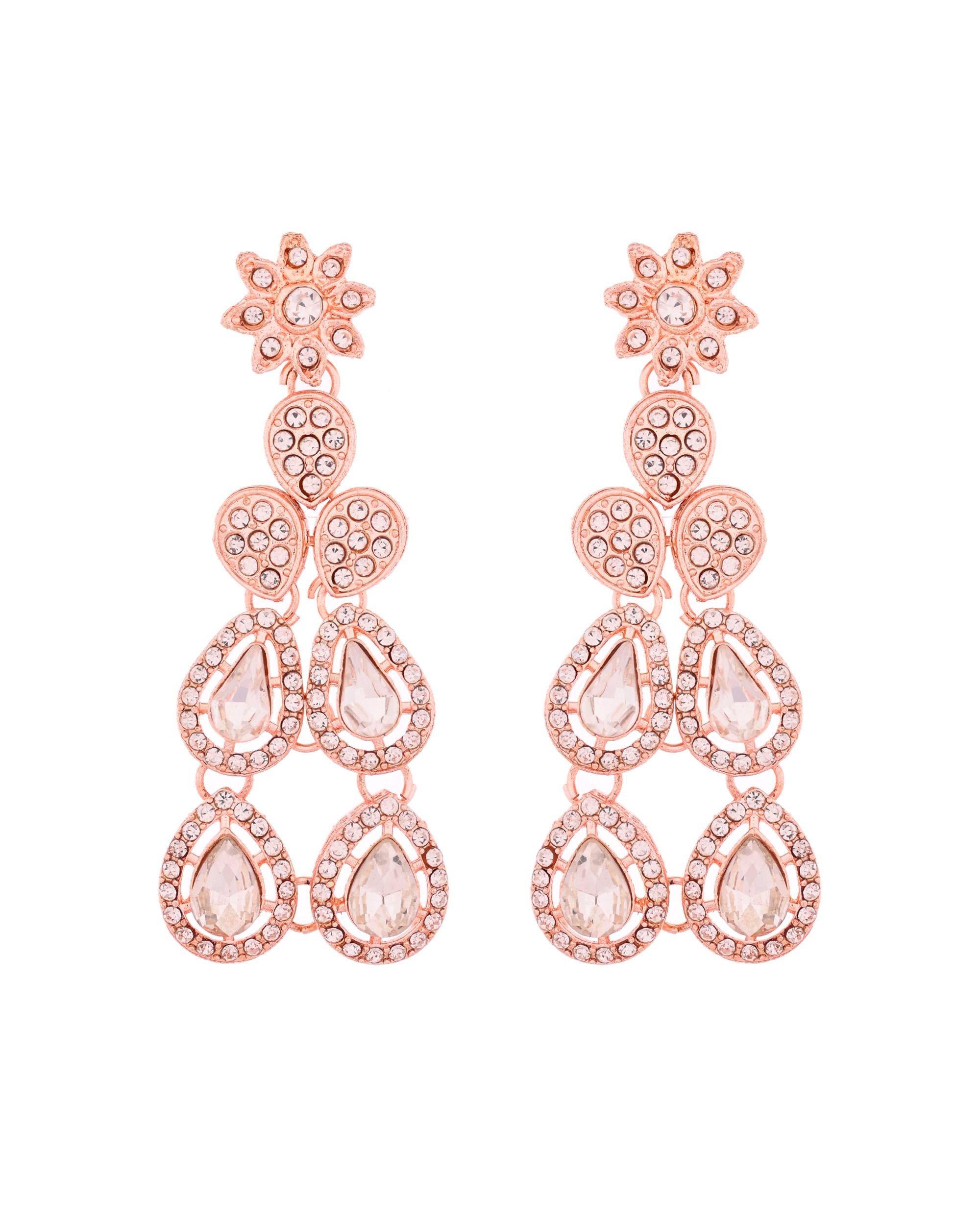 VOJ Rose Gold-Polished CZ Studded Jewellery Set With Maang Tikka - Distacart