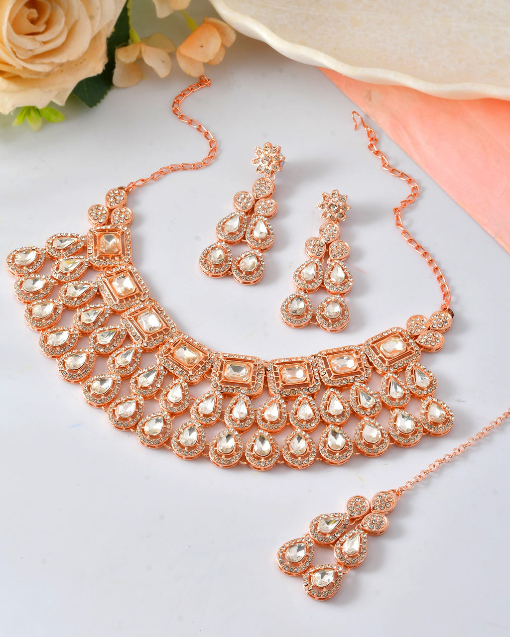 VOJ Rose Gold-Polished CZ Studded Jewellery Set With Maang Tikka - Distacart