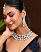 VOJ Silver-Plated CZ Stone And Pearl Necklace With Earrings And Maang Tikka Set