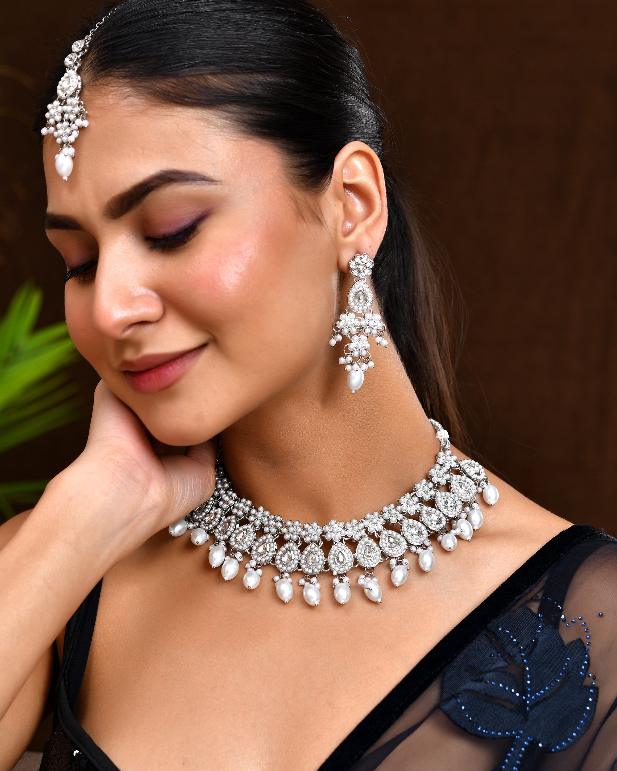 VOJ Silver-Plated CZ Stone And Pearl Necklace With Earrings And Maang Tikka Set
