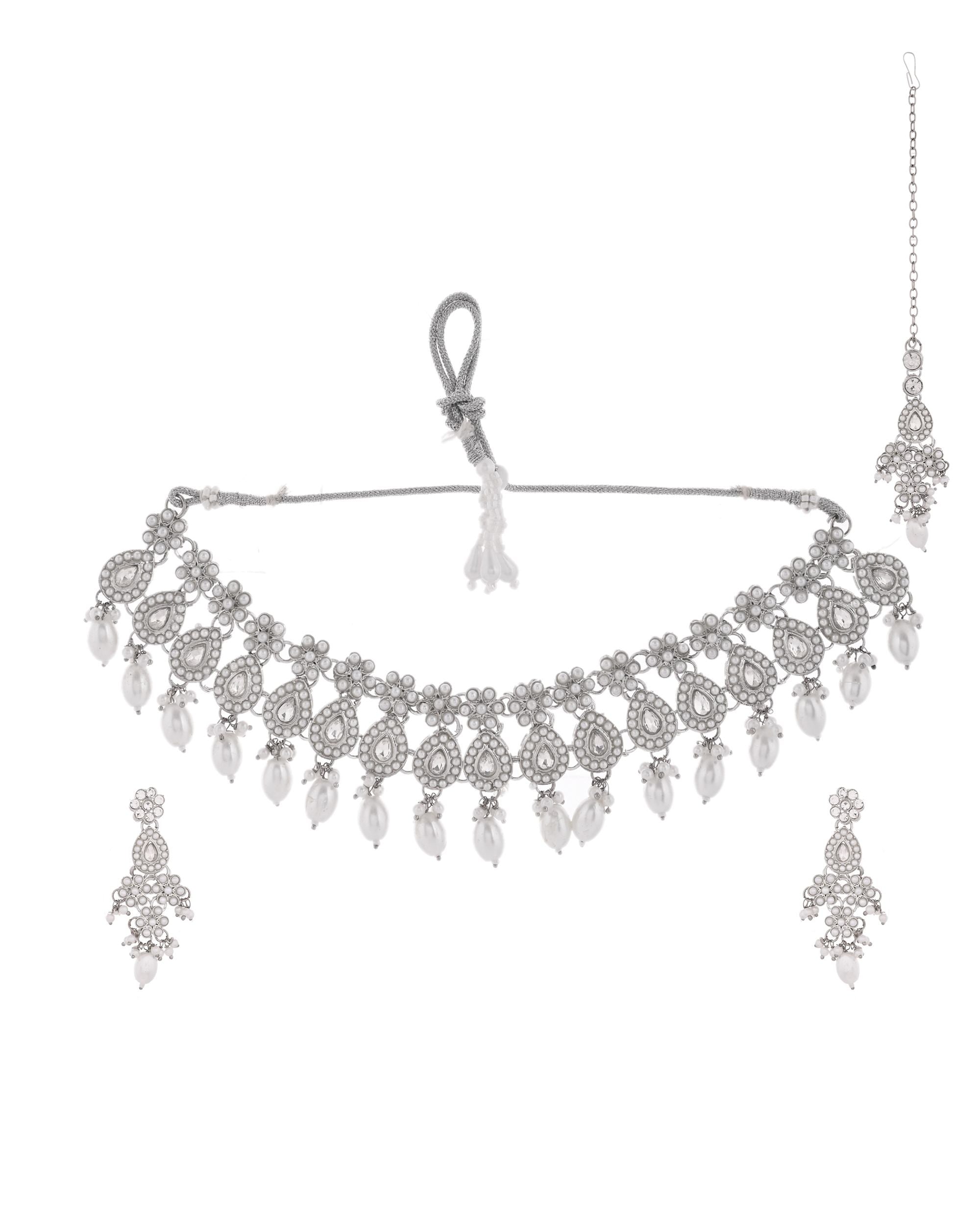 VOJ Silver-Plated CZ Stone And Pearl Necklace With Earrings And Maang Tikka Set