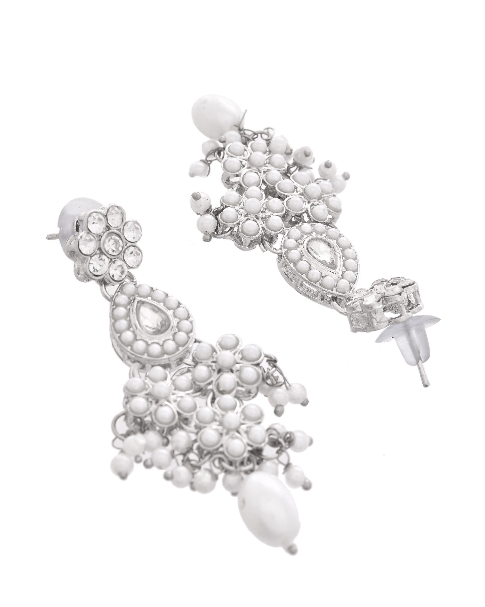 VOJ Silver-Plated CZ Stone And Pearl Necklace With Earrings And Maang Tikka Set