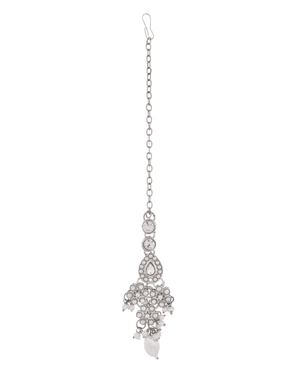 VOJ Silver-Plated CZ Stone And Pearl Necklace With Earrings And Maang Tikka Set
