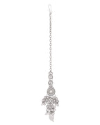 VOJ Silver-Plated CZ Stone And Pearl Necklace With Earrings And Maang Tikka Set