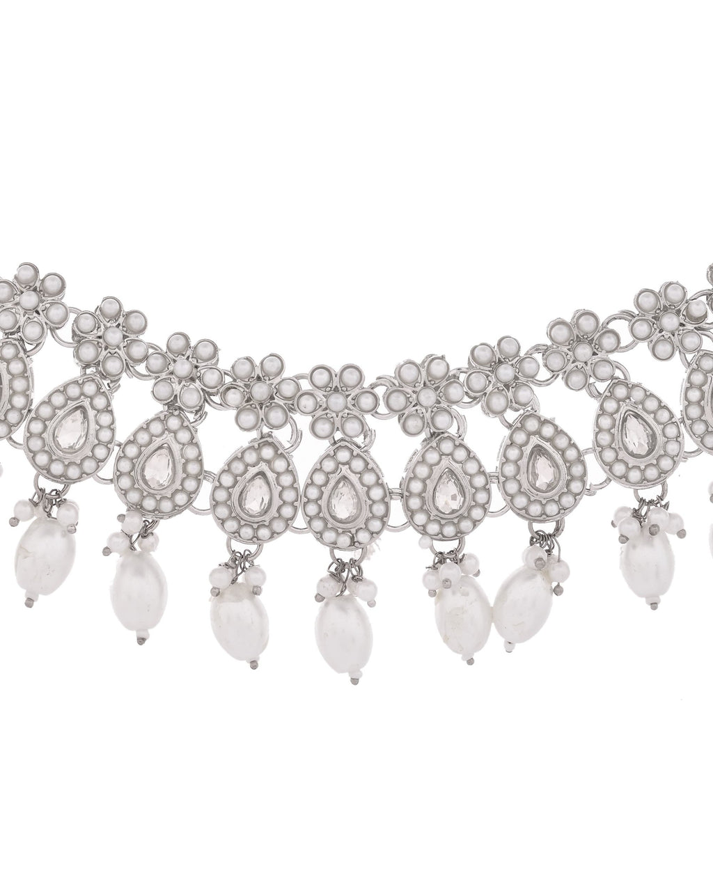 VOJ Silver-Plated CZ Stone And Pearl Necklace With Earrings And Maang Tikka Set